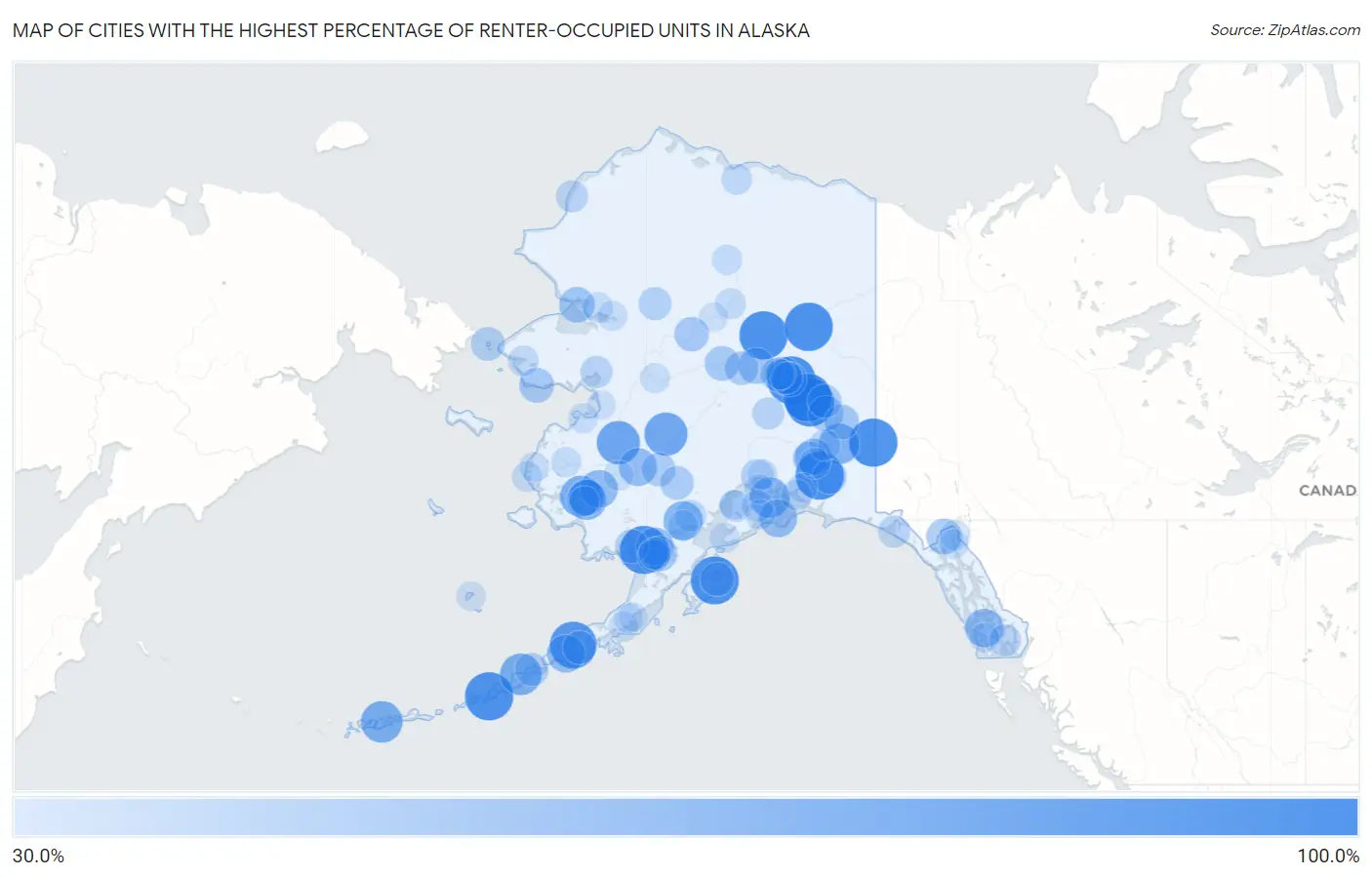 Cities with the Highest Percentage of Renter-Occupied Units in Alaska Map