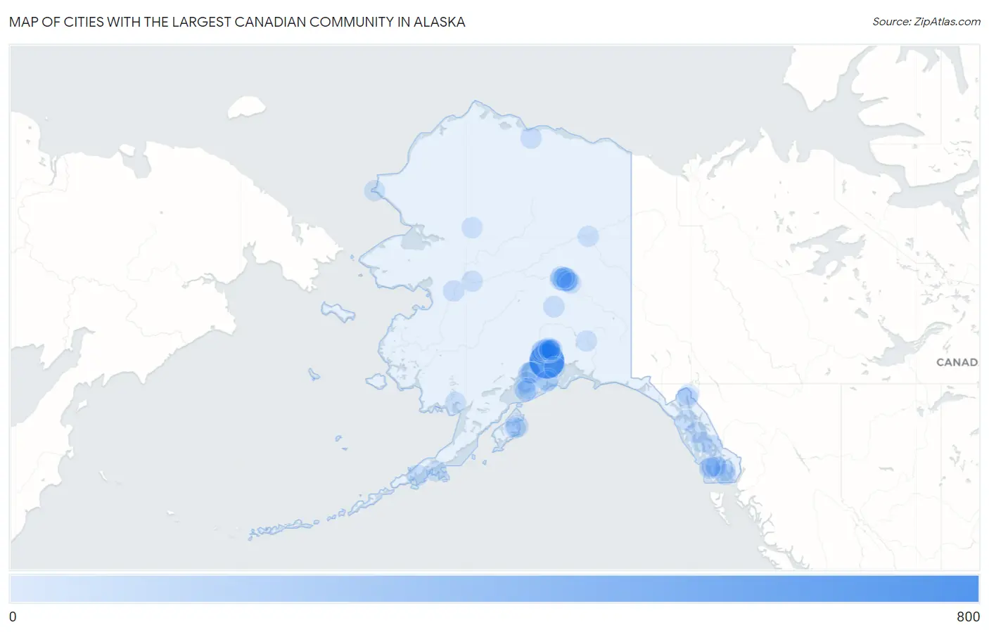 Cities with the Largest Canadian Community in Alaska Map