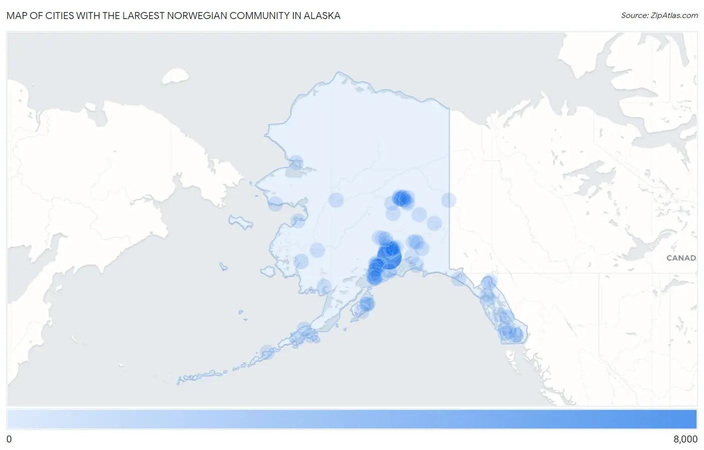 Cities with the Largest Norwegian Community in Alaska Map