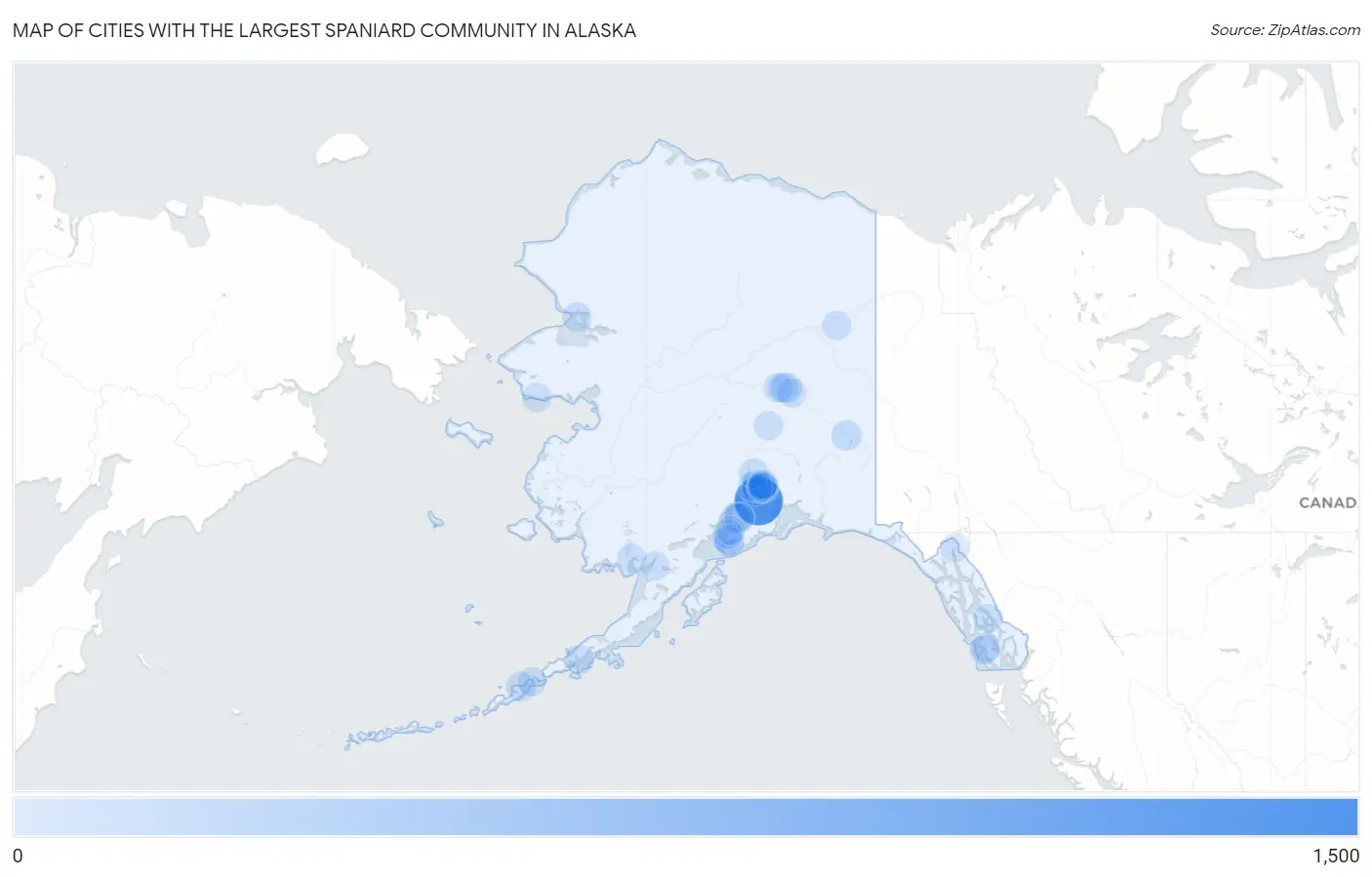 Cities with the Largest Spaniard Community in Alaska Map