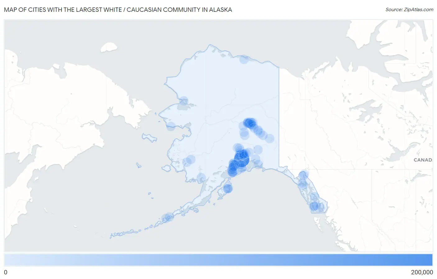 Cities with the Largest White / Caucasian Community in Alaska Map
