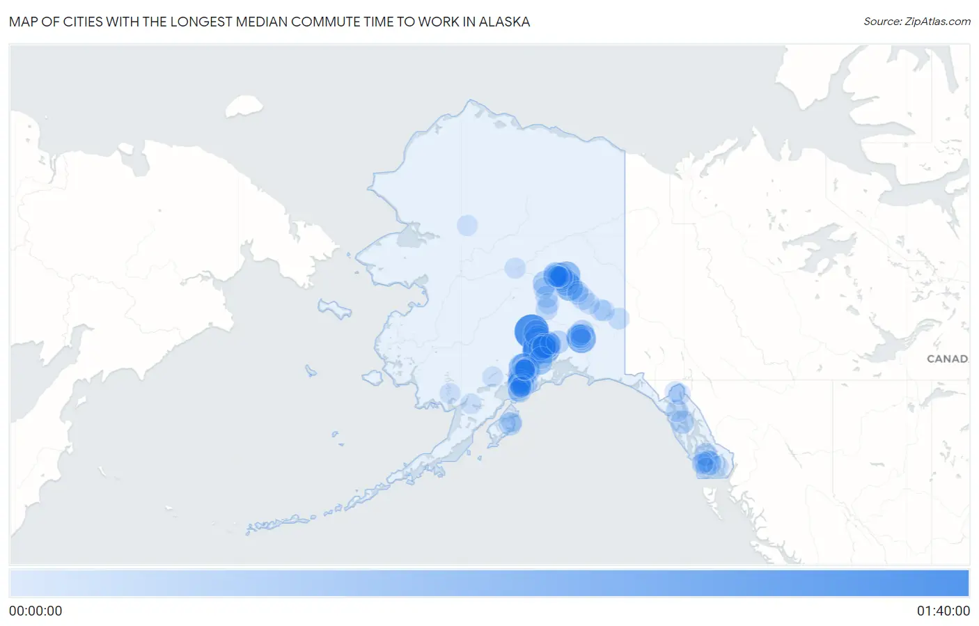 Cities with the Longest Median Commute Time to Work in Alaska Map