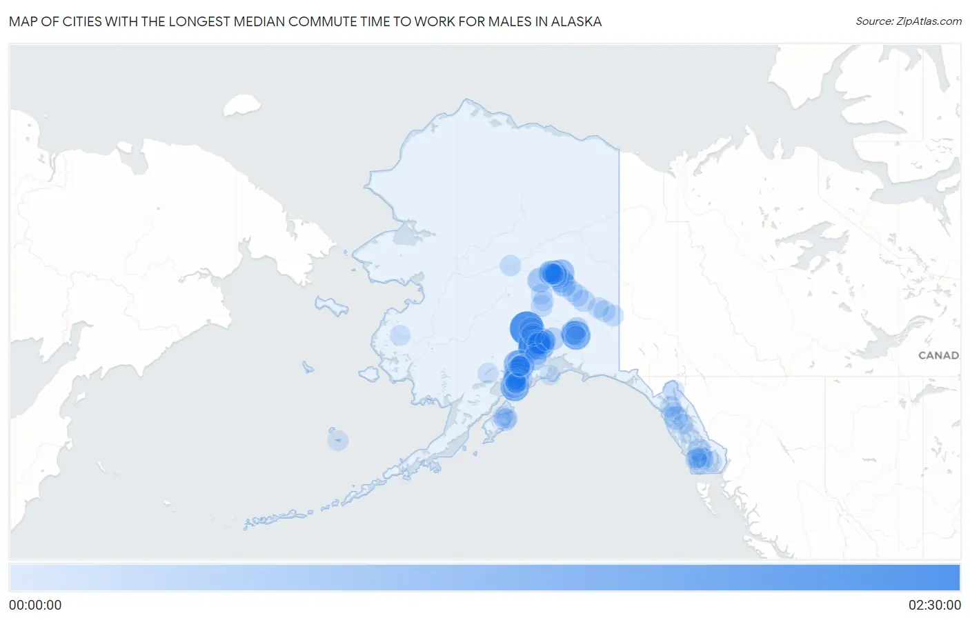 Cities with the Longest Median Commute Time to Work for Males in Alaska Map