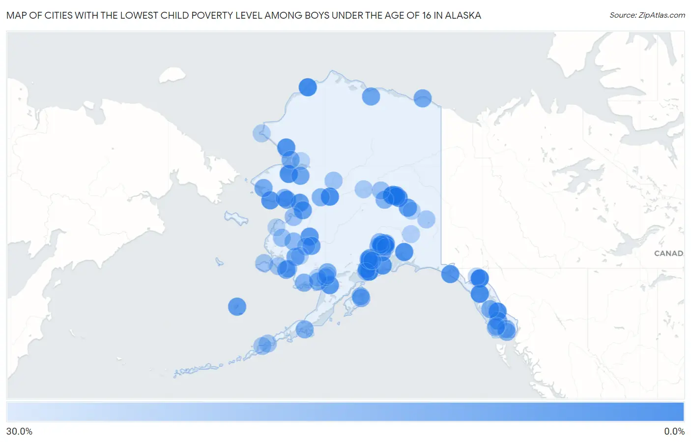 Cities with the Lowest Child Poverty Level Among Boys Under the Age of 16 in Alaska Map