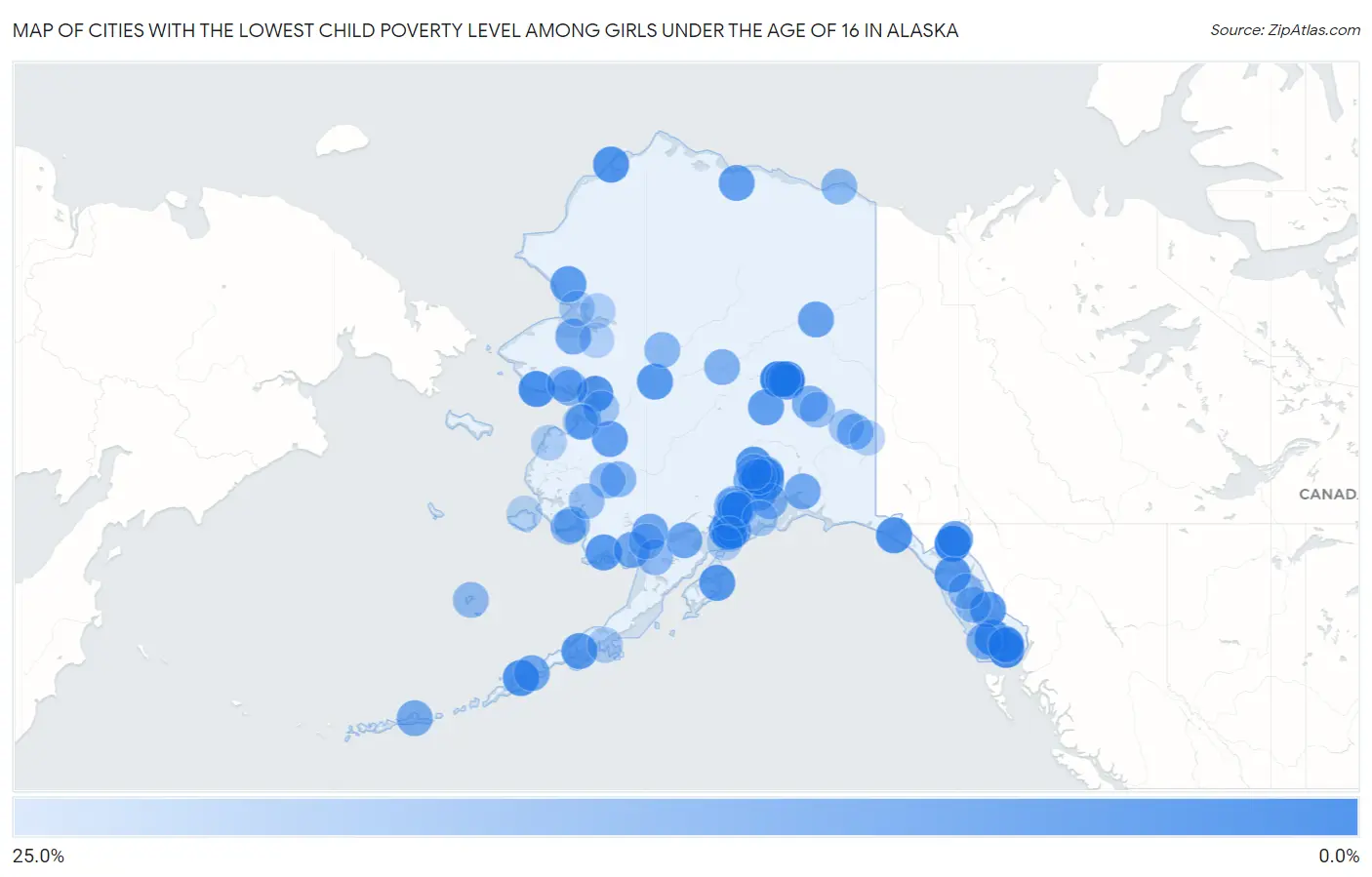 Cities with the Lowest Child Poverty Level Among Girls Under the Age of 16 in Alaska Map
