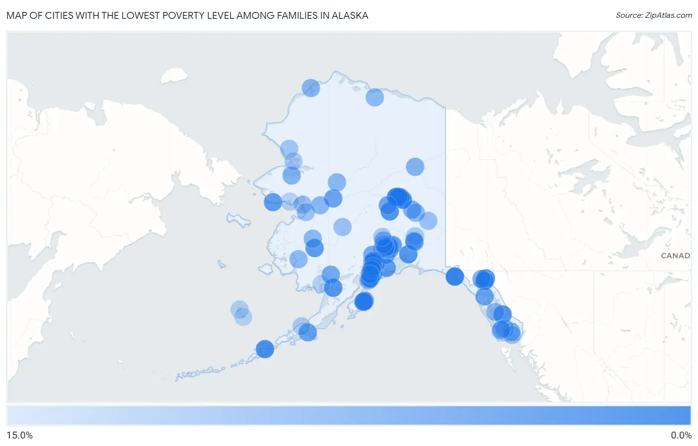 Cities with the Lowest Poverty Level Among Families in Alaska Map