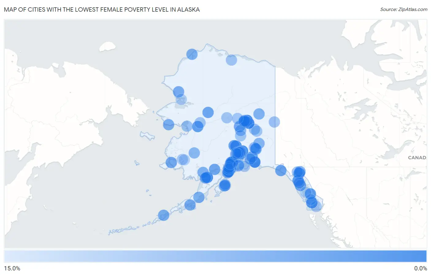 Cities with the Lowest Female Poverty Level in Alaska Map