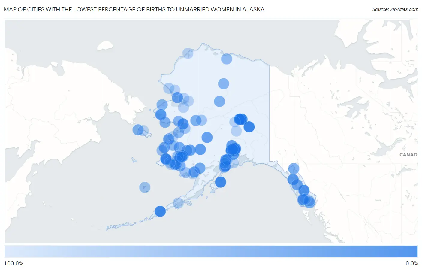 Cities with the Lowest Percentage of Births to Unmarried Women in Alaska Map