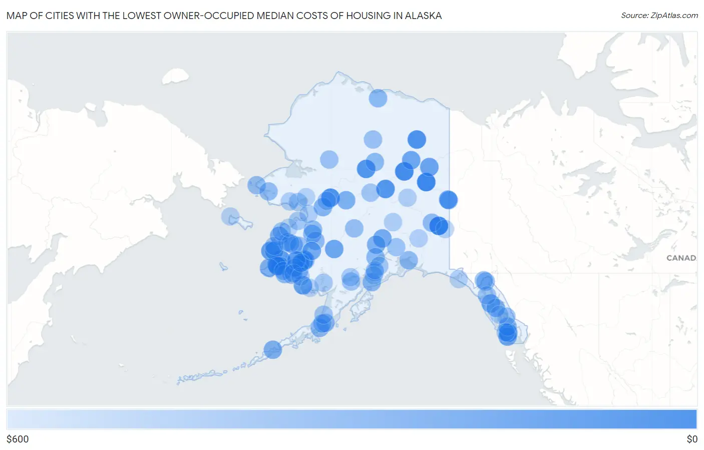 Cities with the Lowest Owner-Occupied Median Costs of Housing in Alaska Map