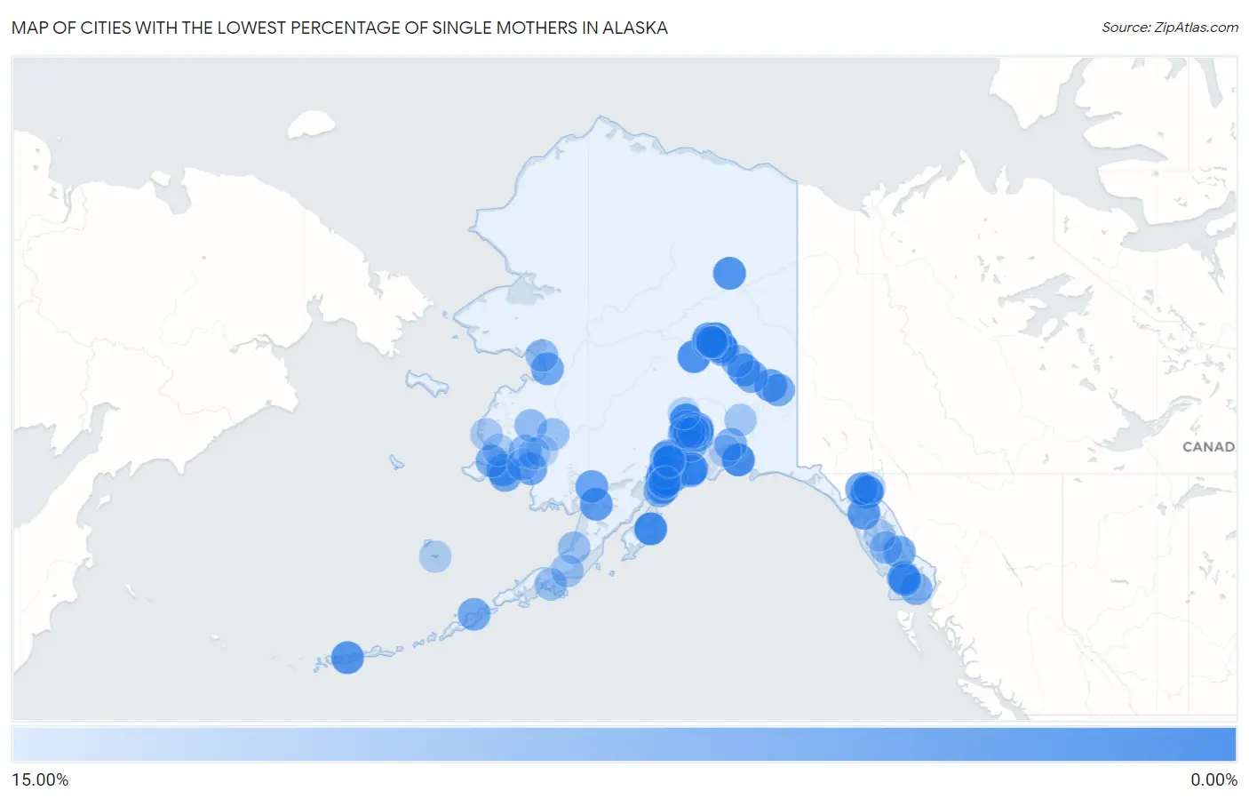 Cities with the Lowest Percentage of Single Mothers in Alaska Map