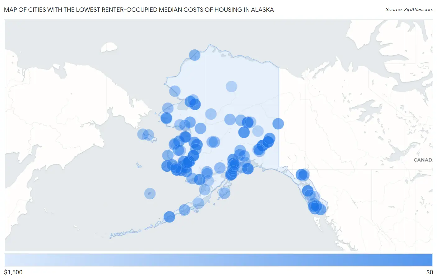 Cities with the Lowest Renter-Occupied Median Costs of Housing in Alaska Map