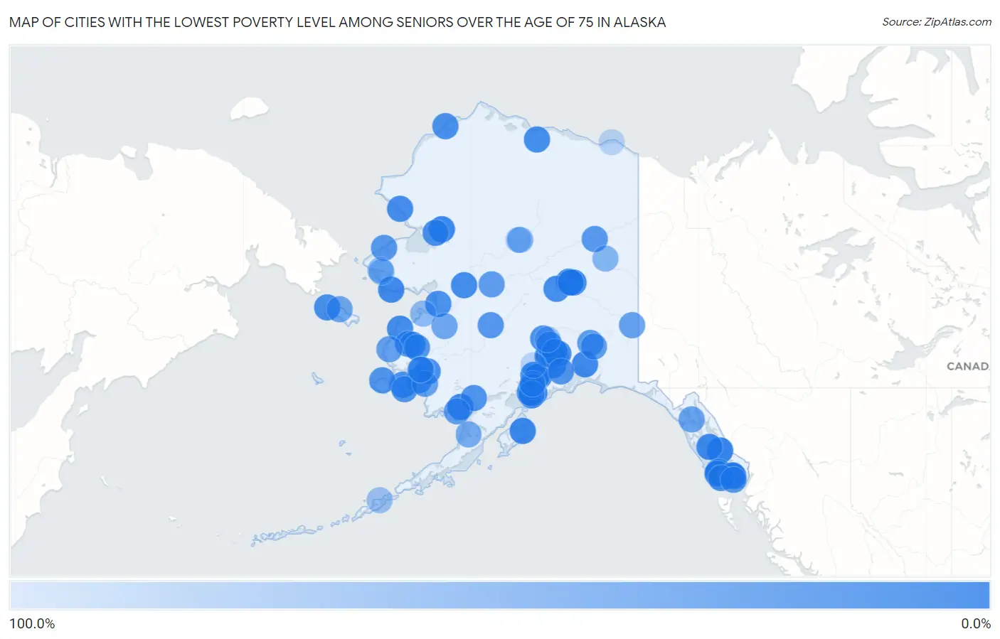 Cities with the Lowest Poverty Level Among Seniors Over the Age of 75 in Alaska Map