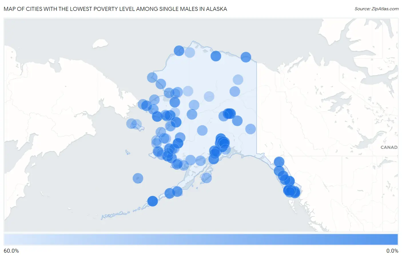 Cities with the Lowest Poverty Level Among Single Males in Alaska Map