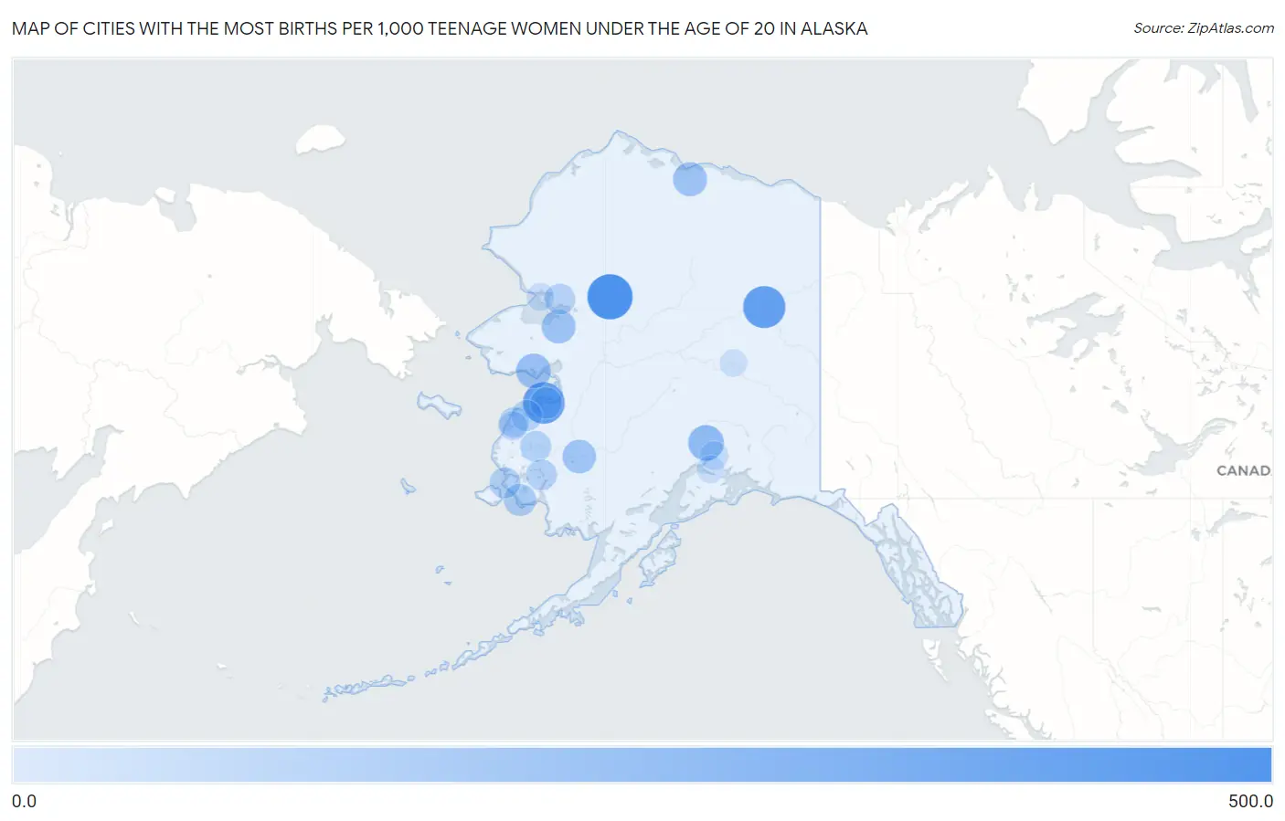 Cities with the Most Births per 1,000 Teenage Women Under the Age of 20 in Alaska Map