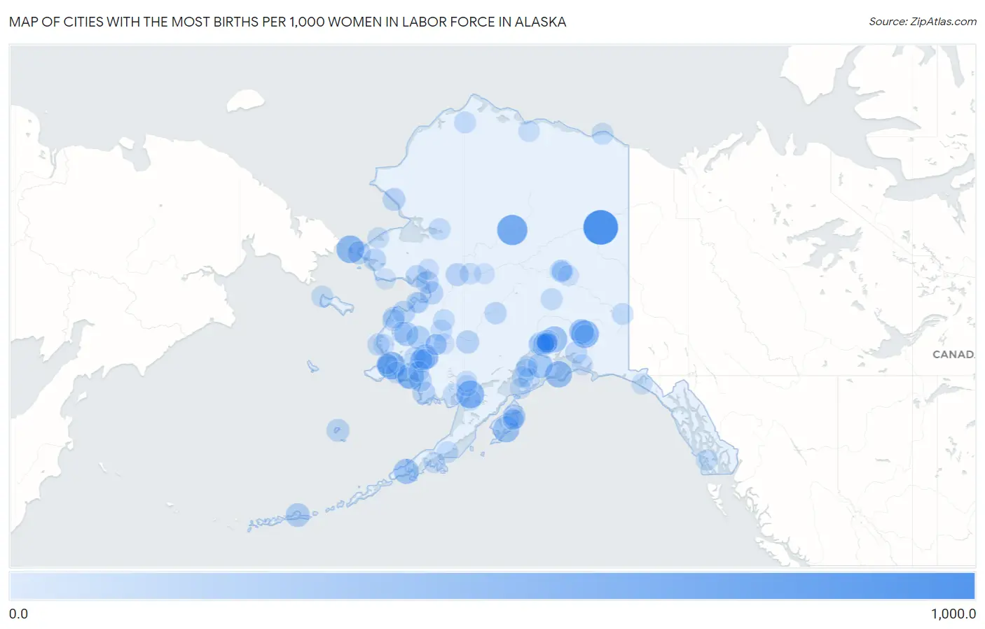 Cities with the Most Births per 1,000 Women in Labor Force in Alaska Map
