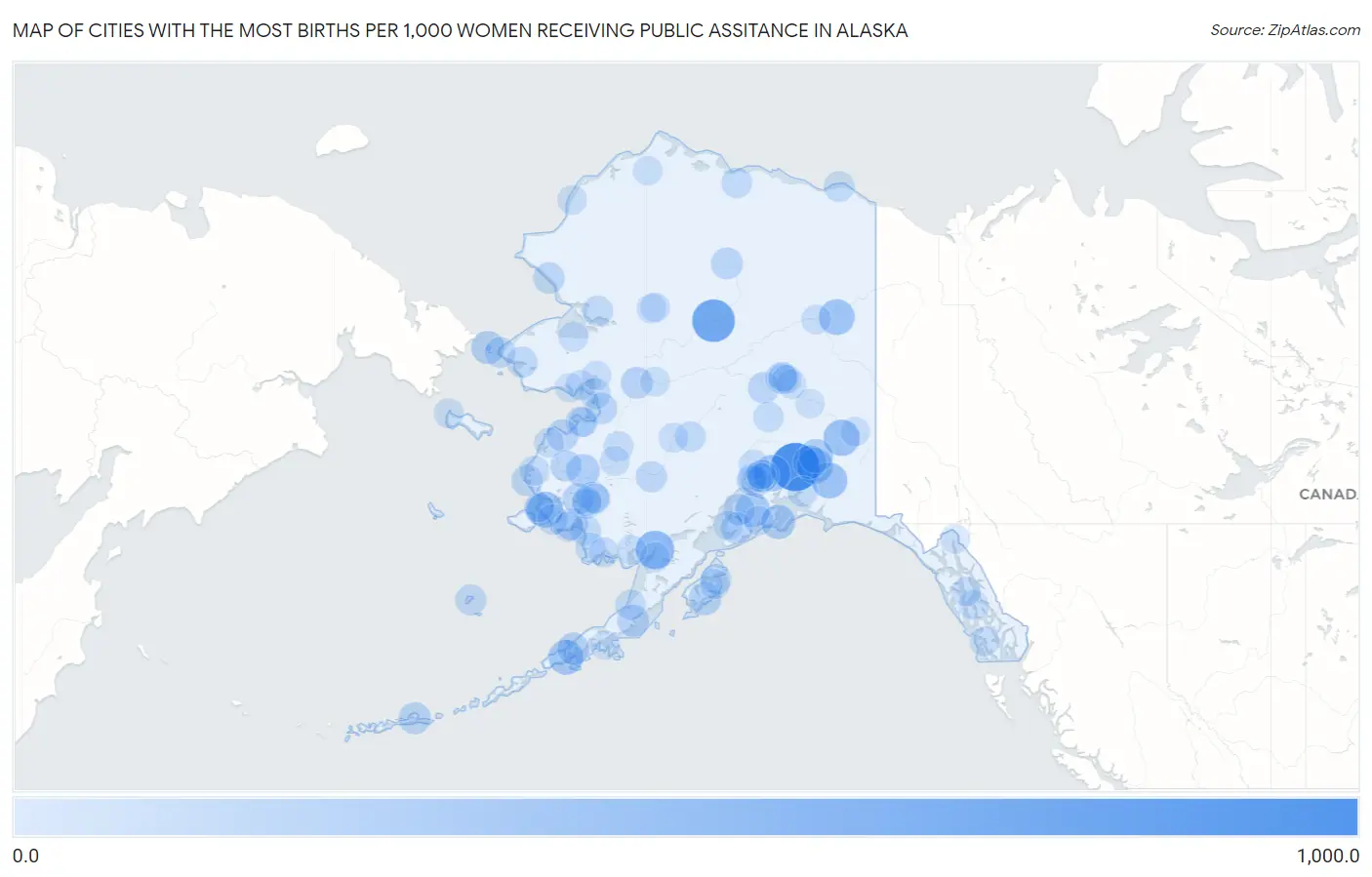 Cities with the Most Births per 1,000 Women Receiving Public Assitance in Alaska Map
