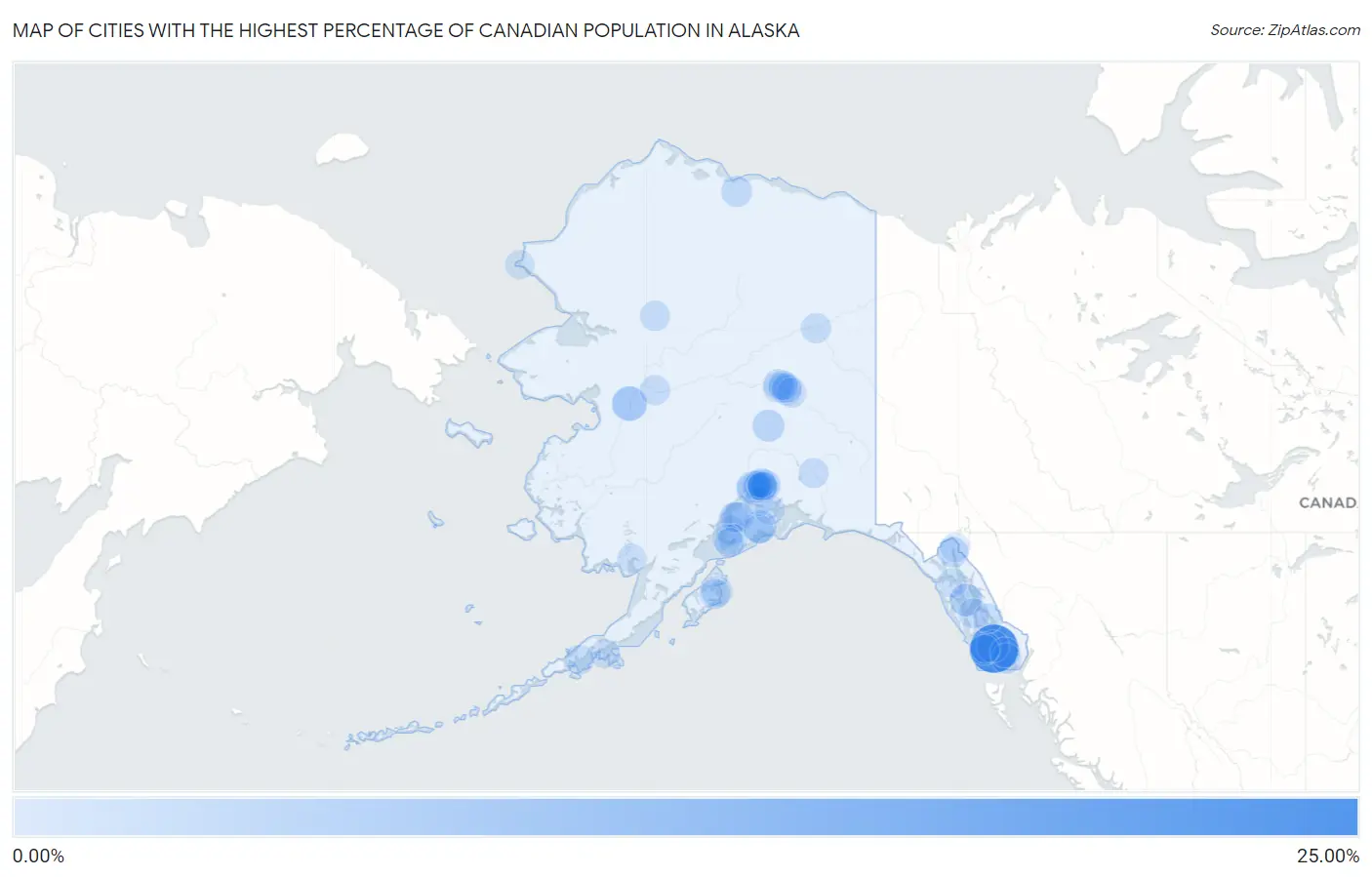 Cities with the Highest Percentage of Canadian Population in Alaska Map