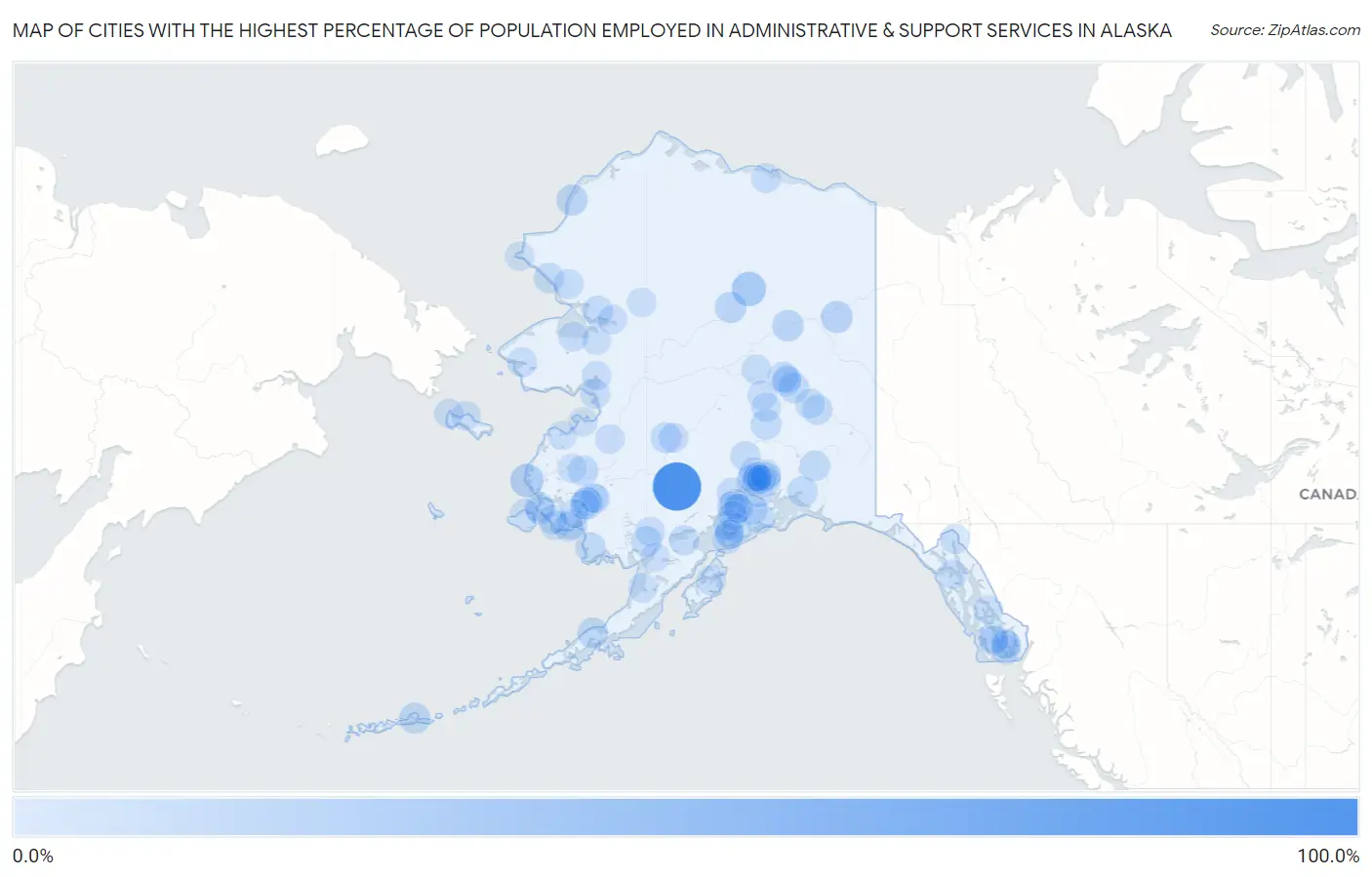 Cities with the Highest Percentage of Population Employed in Administrative & Support Services in Alaska Map