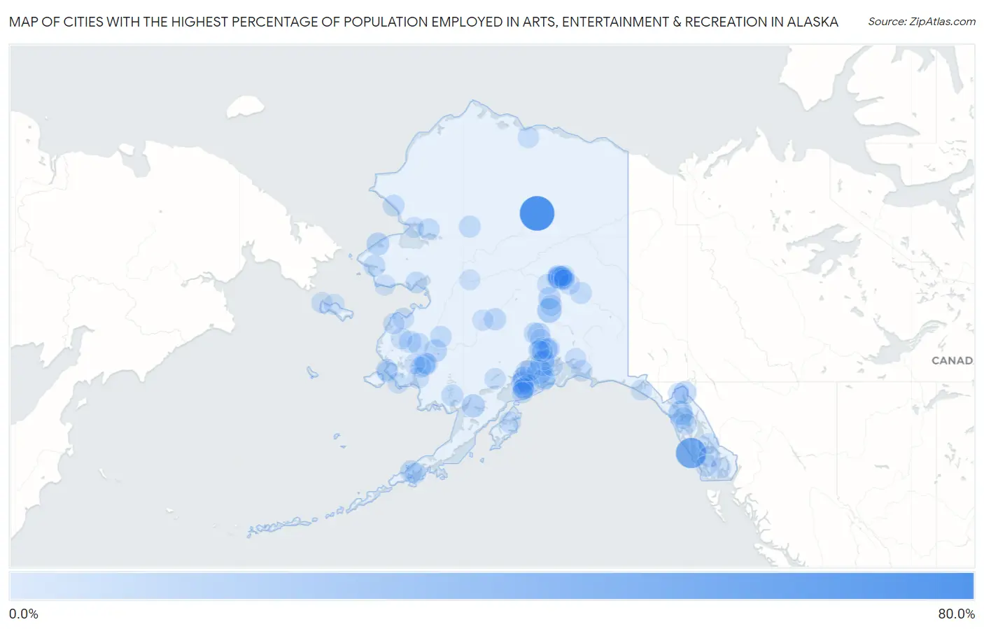 Cities with the Highest Percentage of Population Employed in Arts, Entertainment & Recreation in Alaska Map
