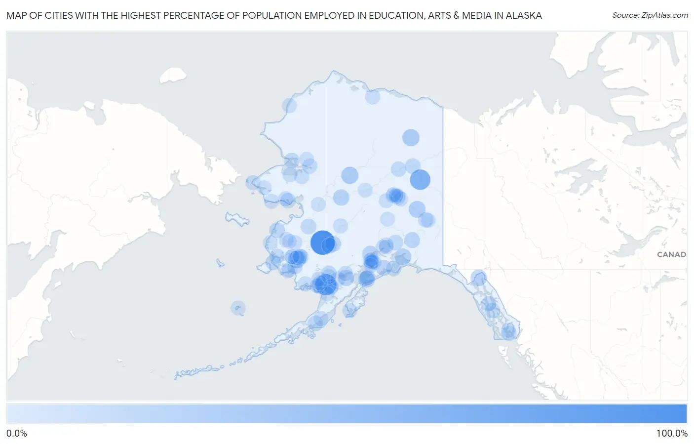 Cities with the Highest Percentage of Population Employed in Education, Arts & Media in Alaska Map