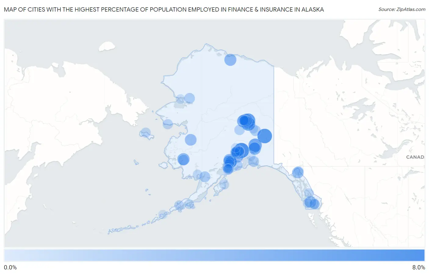 Cities with the Highest Percentage of Population Employed in Finance & Insurance in Alaska Map