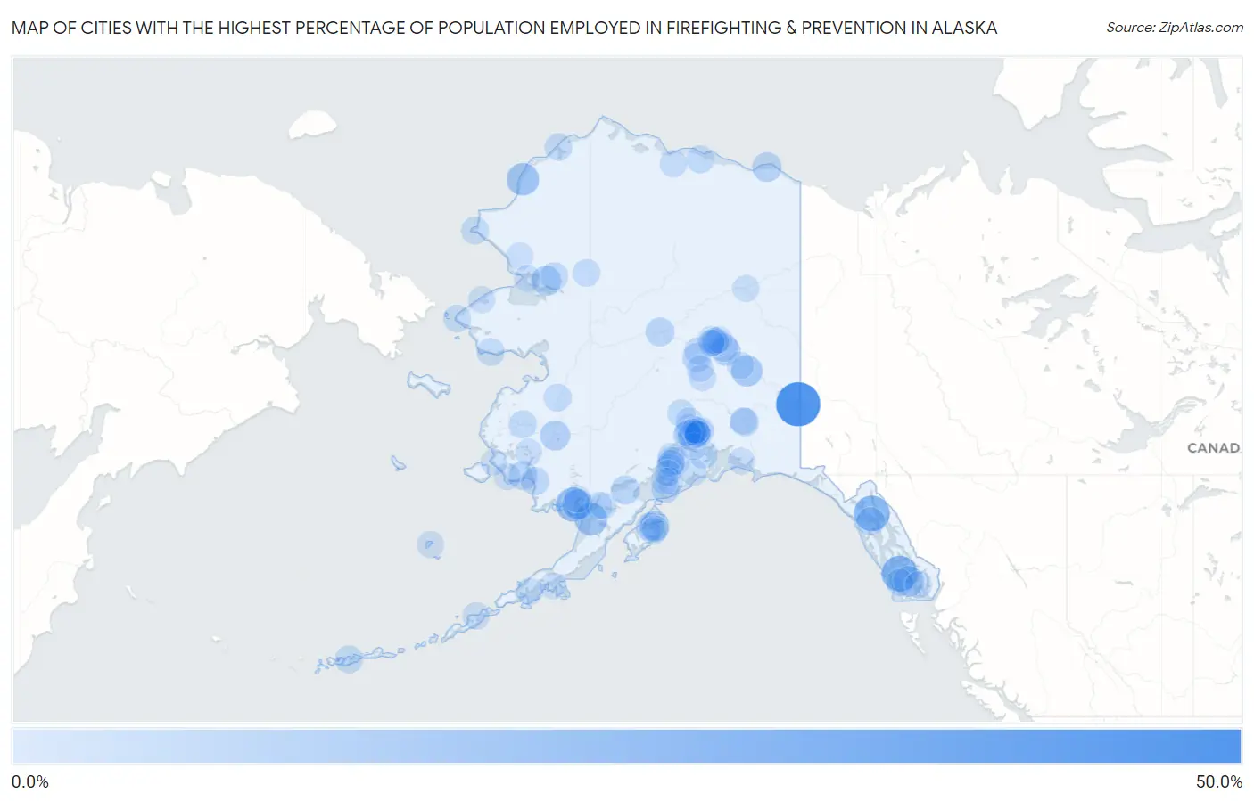 Cities with the Highest Percentage of Population Employed in Firefighting & Prevention in Alaska Map