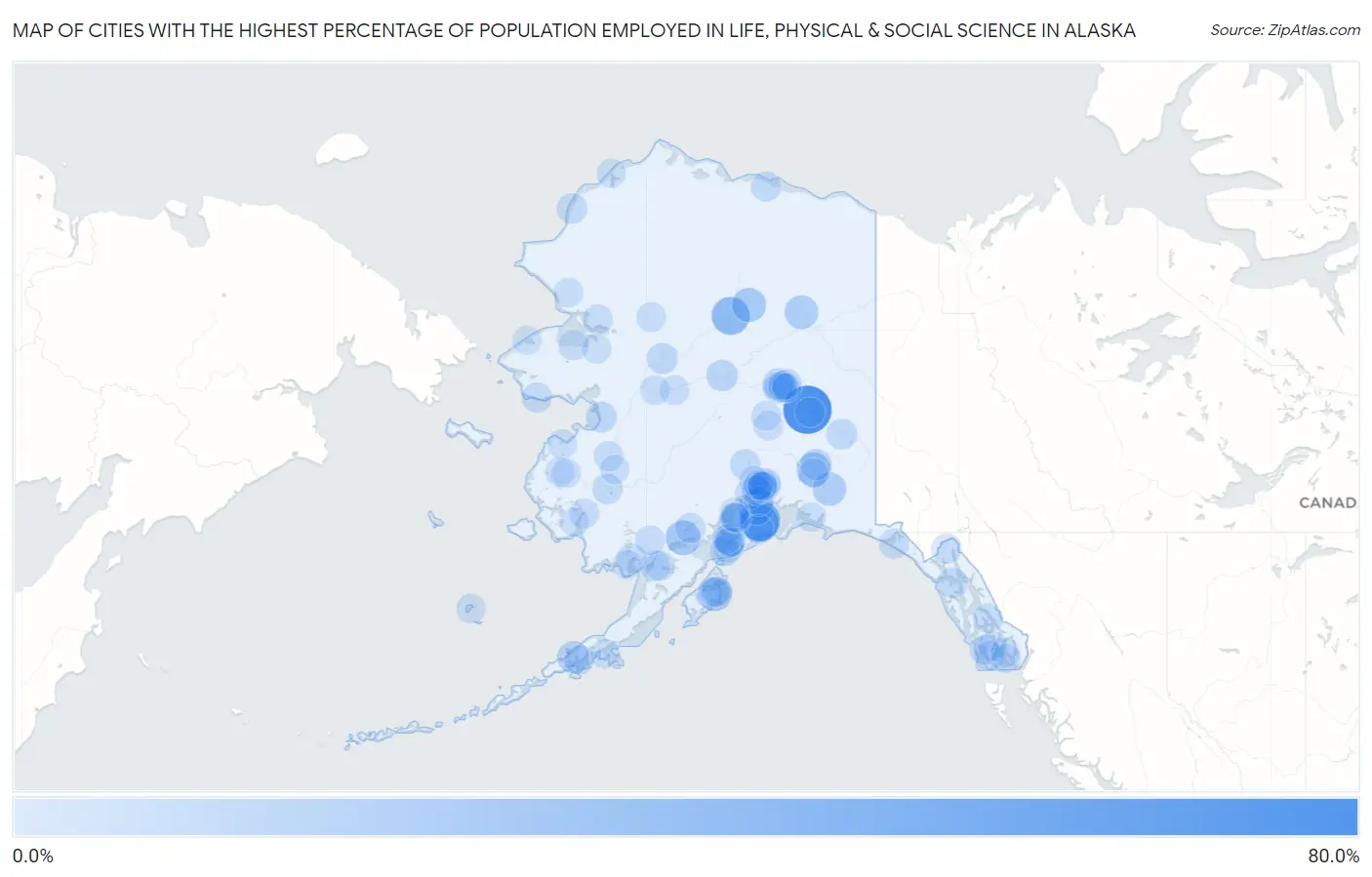 Cities with the Highest Percentage of Population Employed in Life, Physical & Social Science in Alaska Map