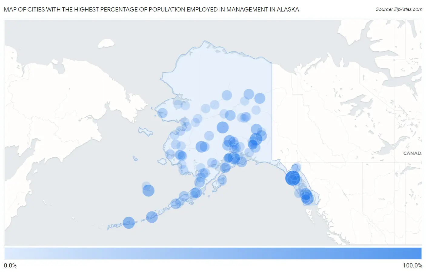 Cities with the Highest Percentage of Population Employed in Management in Alaska Map