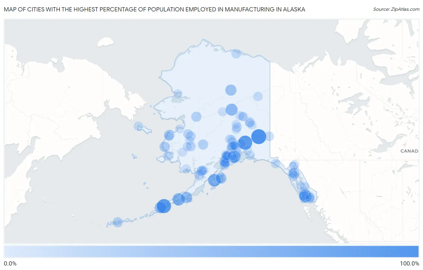 Cities with the Highest Percentage of Population Employed in Manufacturing in Alaska Map