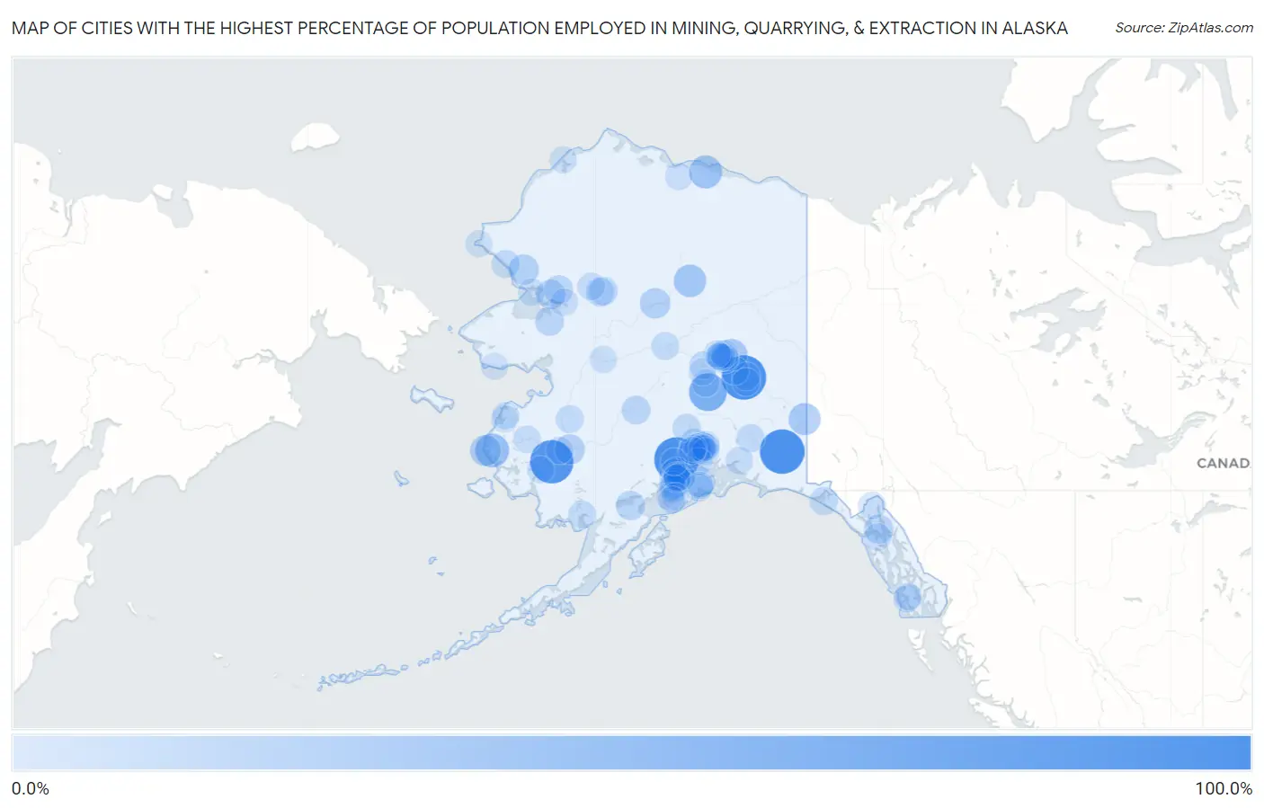 Cities with the Highest Percentage of Population Employed in Mining, Quarrying, & Extraction in Alaska Map