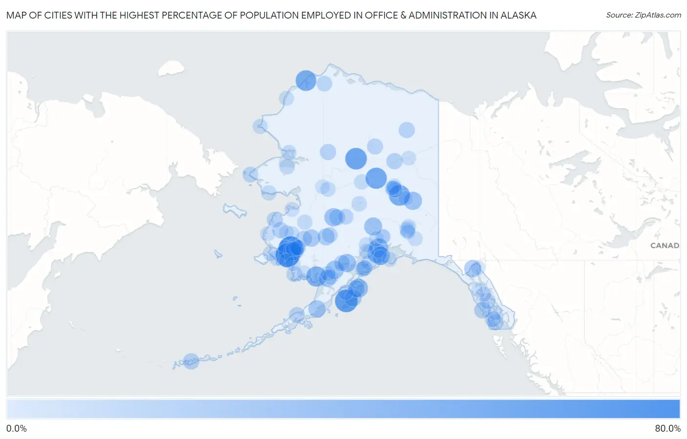 Cities with the Highest Percentage of Population Employed in Office & Administration in Alaska Map