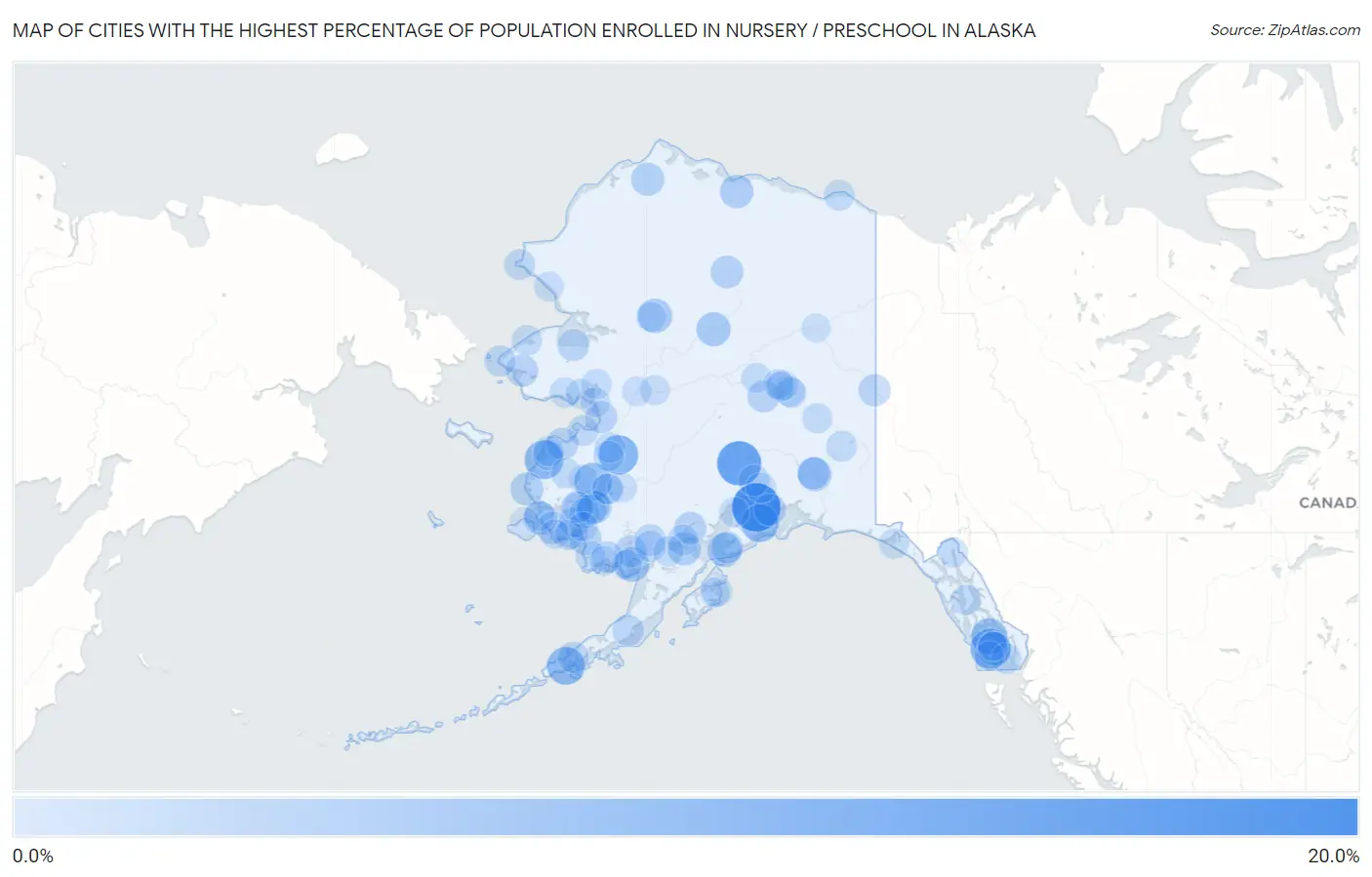 Cities with the Highest Percentage of Population Enrolled in Nursery / Preschool in Alaska Map