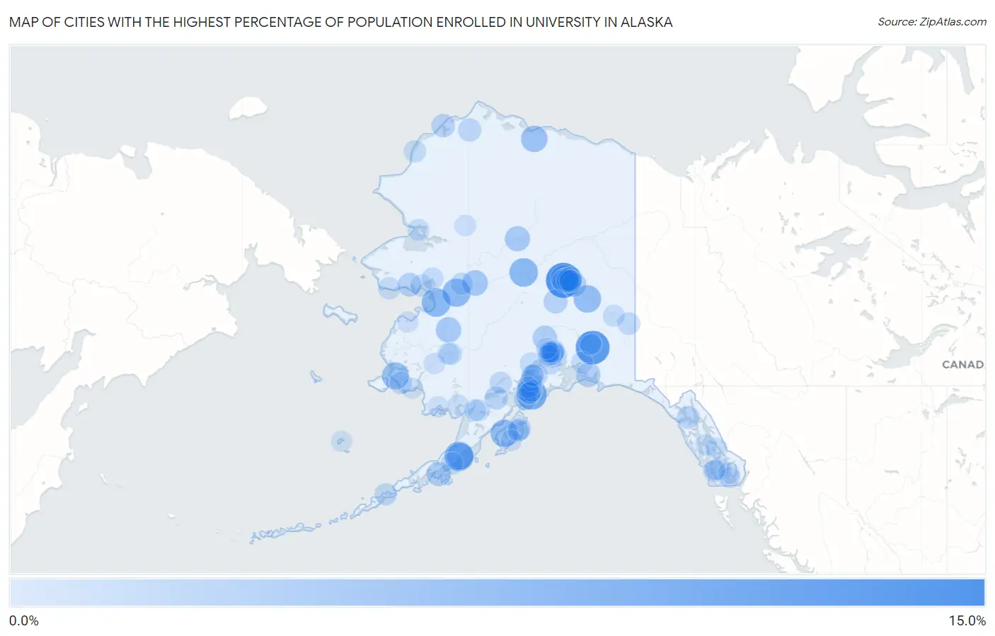 Cities with the Highest Percentage of Population Enrolled in University in Alaska Map