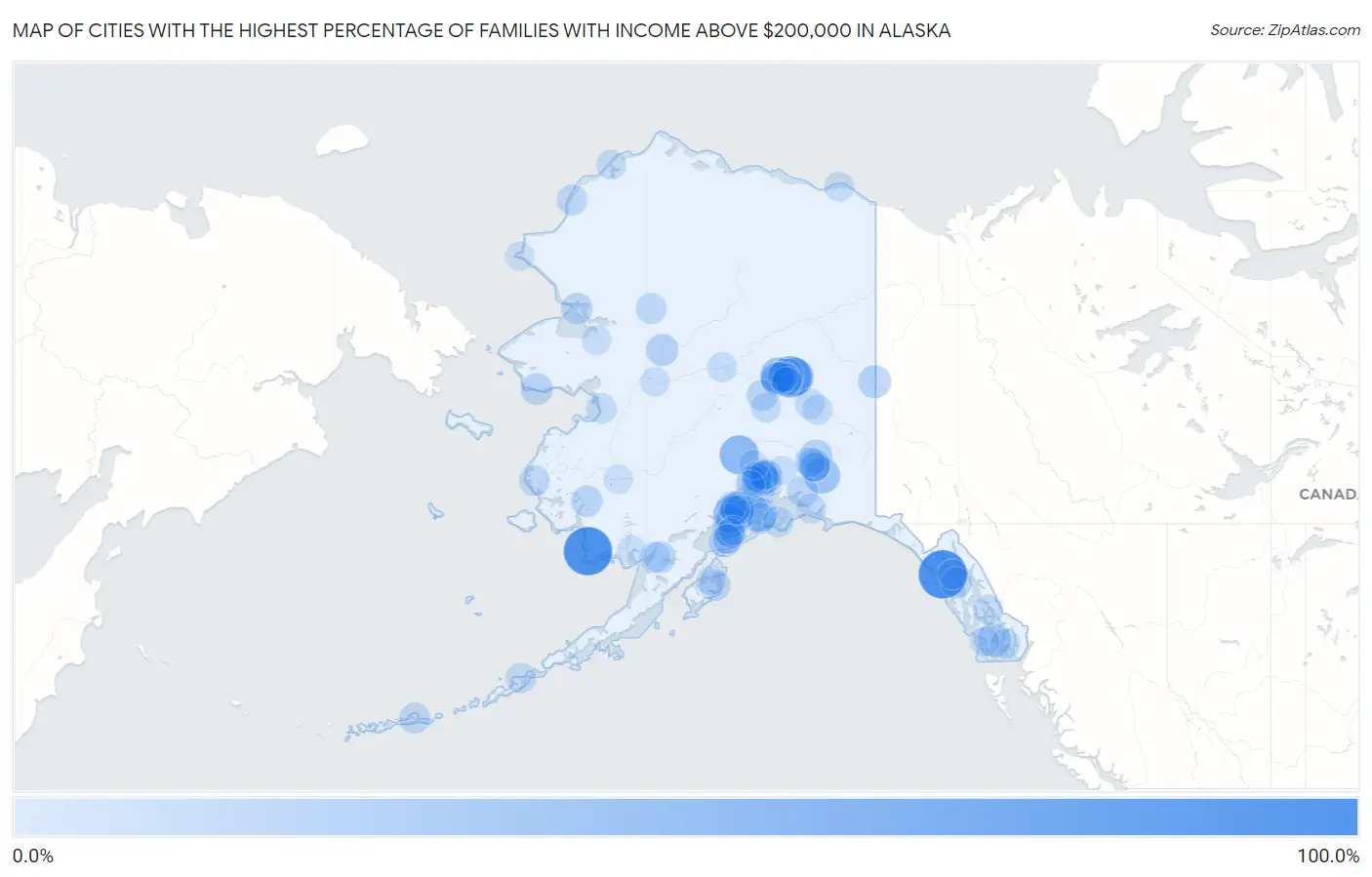 Cities with the Highest Percentage of Families with Income Above $200,000 in Alaska Map