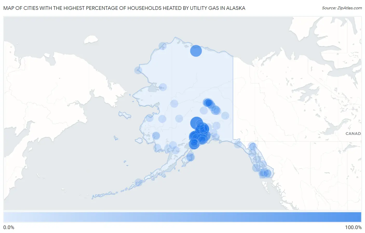 Cities with the Highest Percentage of Households Heated by Utility Gas in Alaska Map