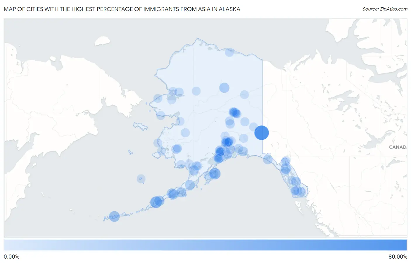 Cities with the Highest Percentage of Immigrants from Asia in Alaska Map