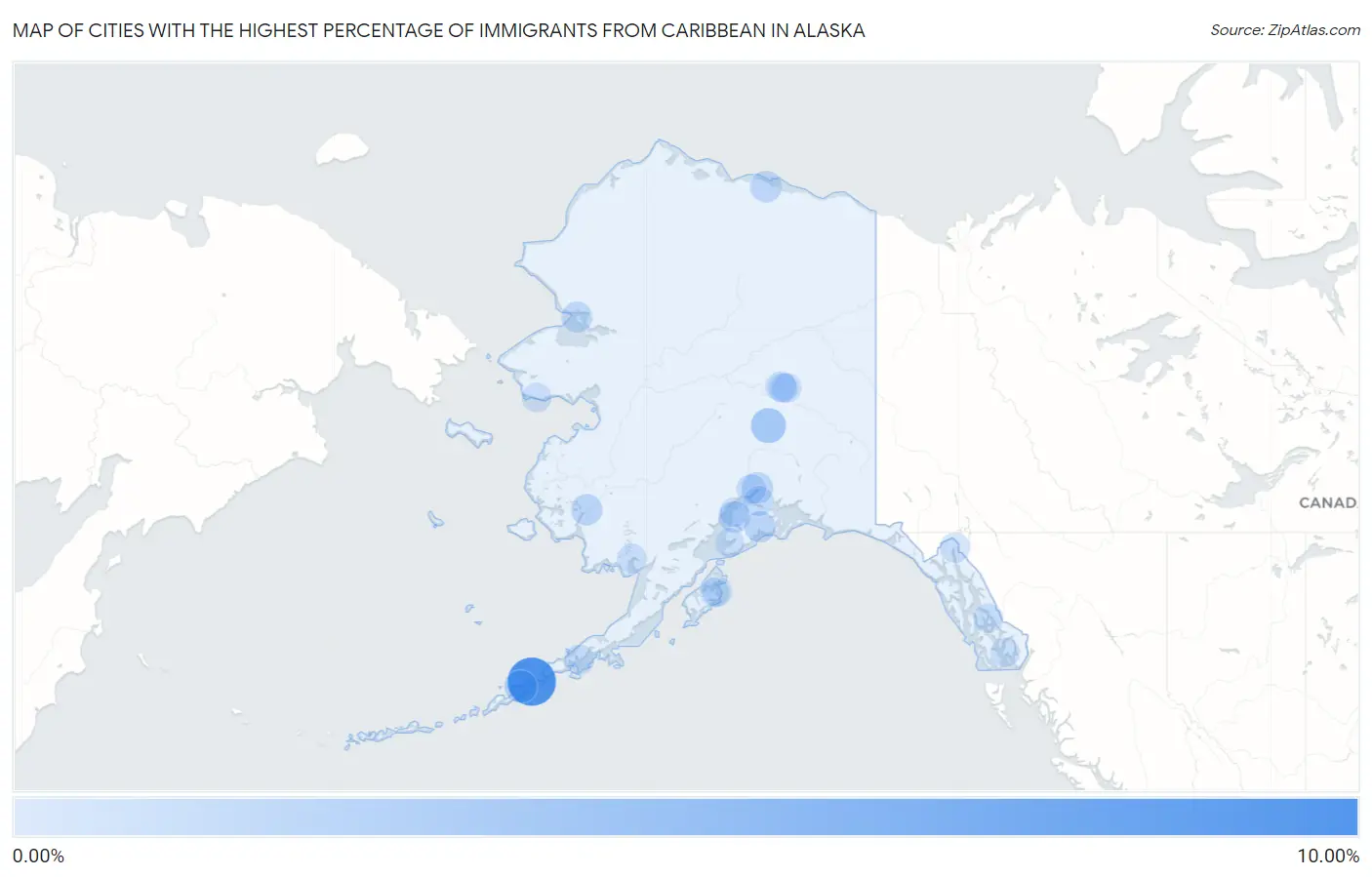 Cities with the Highest Percentage of Immigrants from Caribbean in Alaska Map