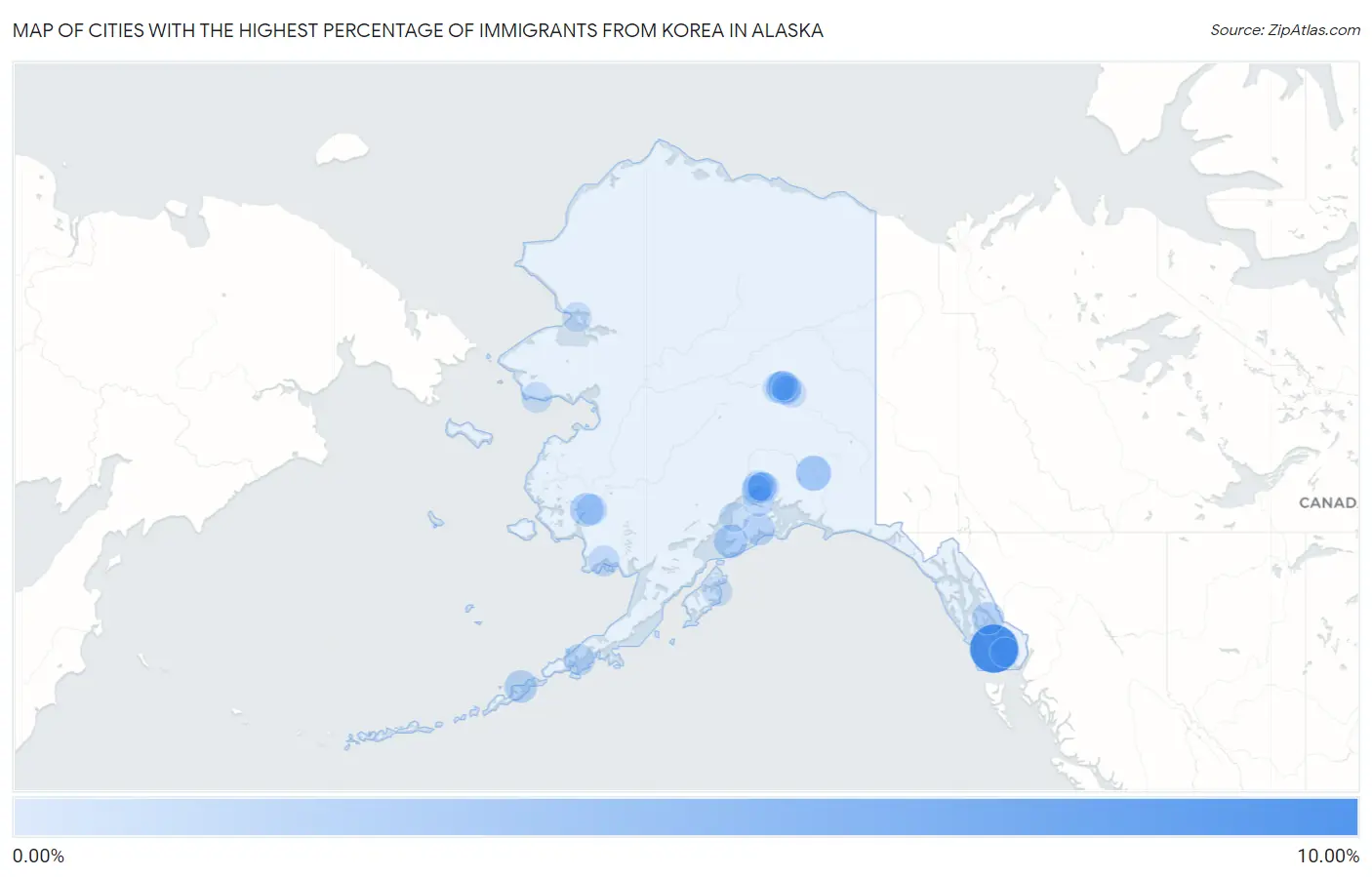 Cities with the Highest Percentage of Immigrants from Korea in Alaska Map