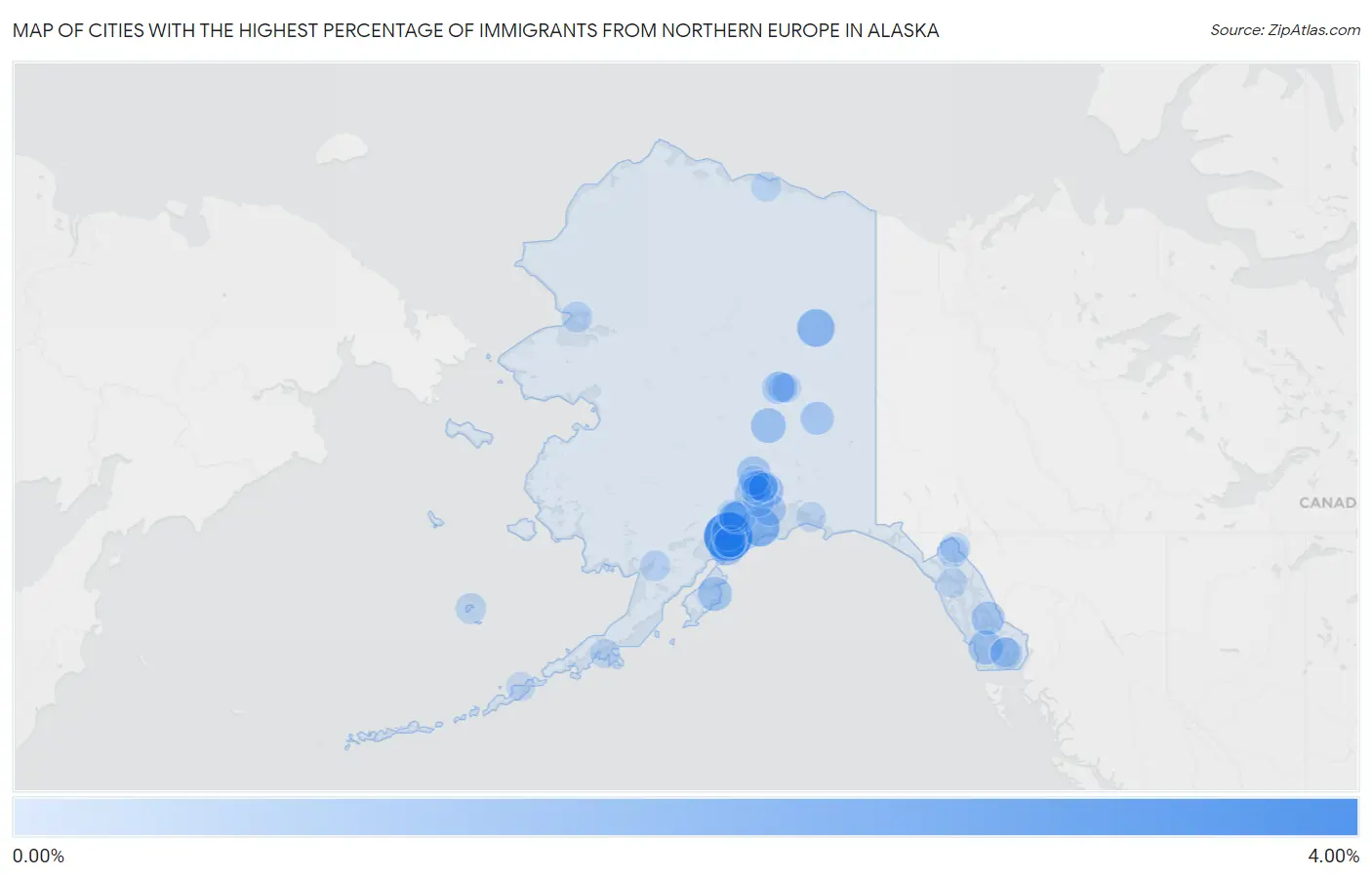 Cities with the Highest Percentage of Immigrants from Northern Europe in Alaska Map