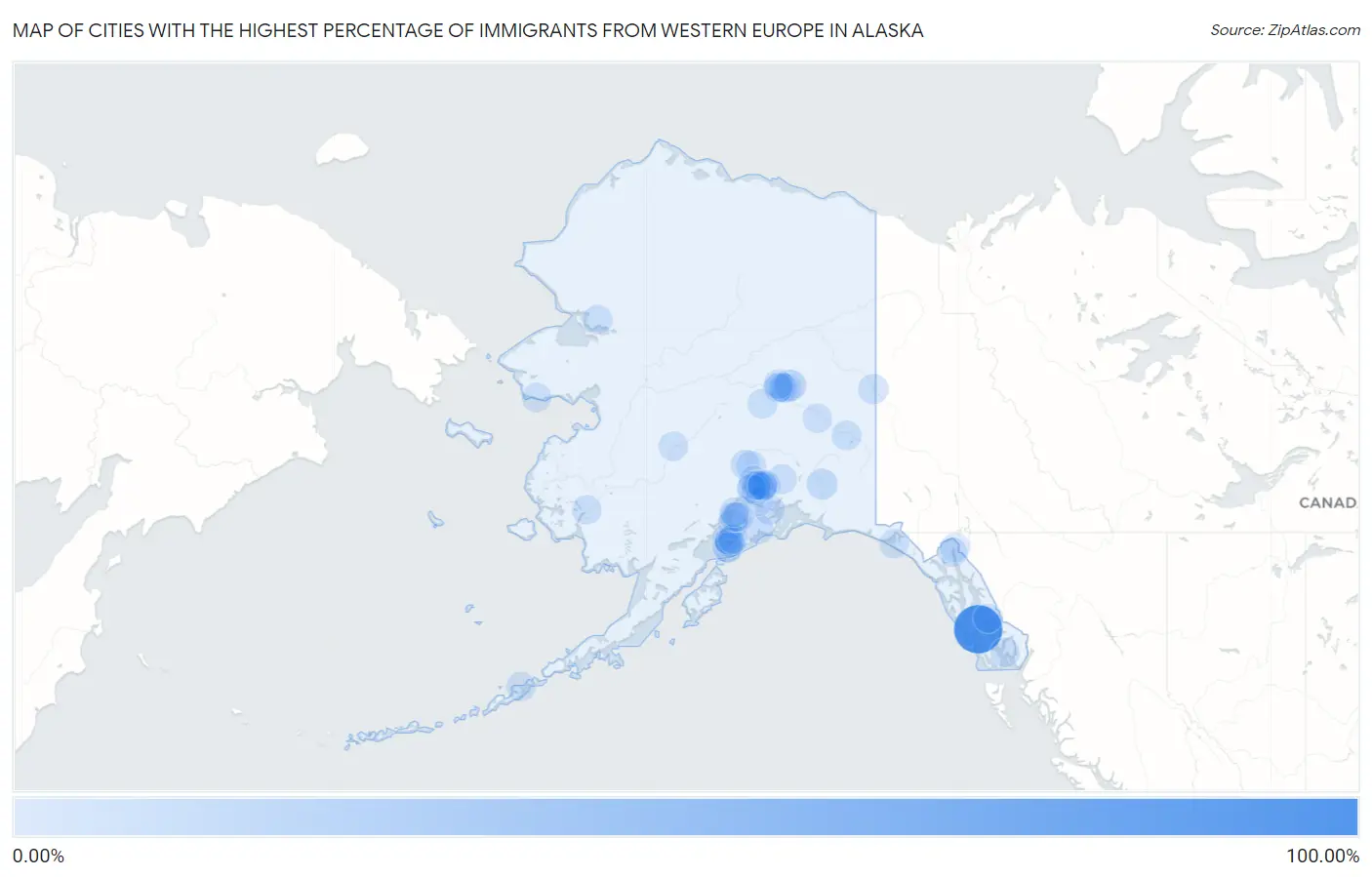 Cities with the Highest Percentage of Immigrants from Western Europe in Alaska Map