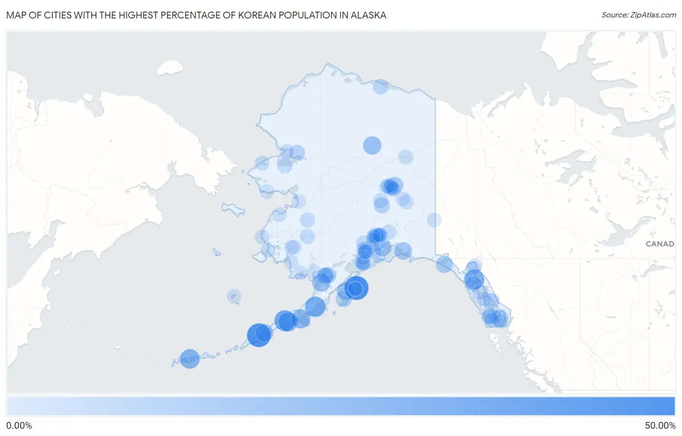 Cities with the Highest Percentage of Korean Population in Alaska Map