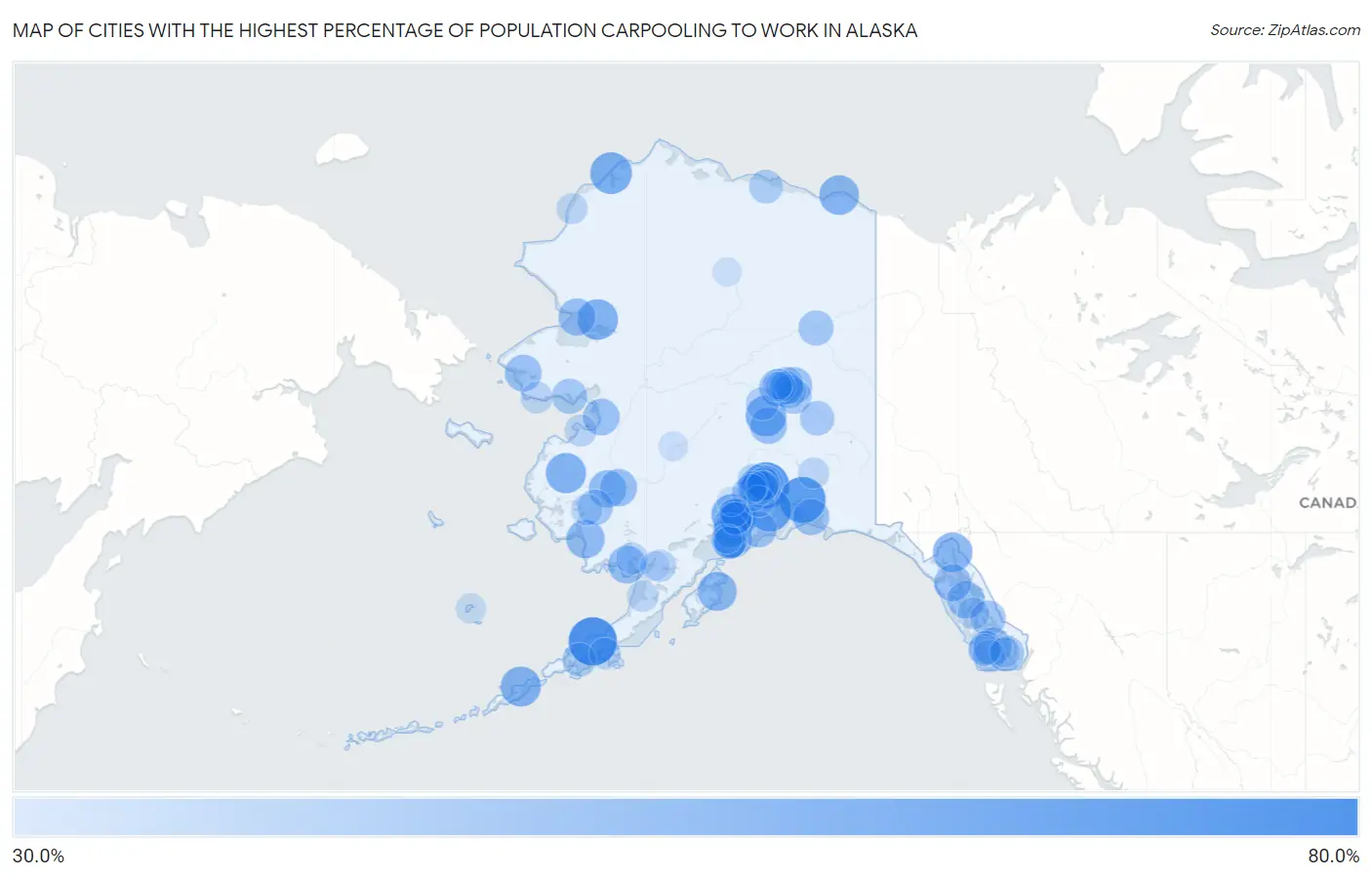 Cities with the Highest Percentage of Population Carpooling to Work in Alaska Map