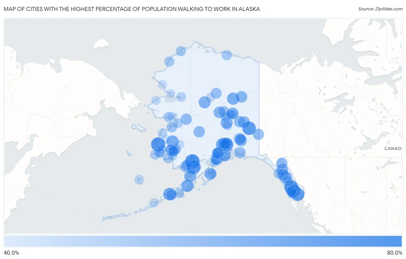 Cities with the Highest Percentage of Population Walking to Work in Alaska Map