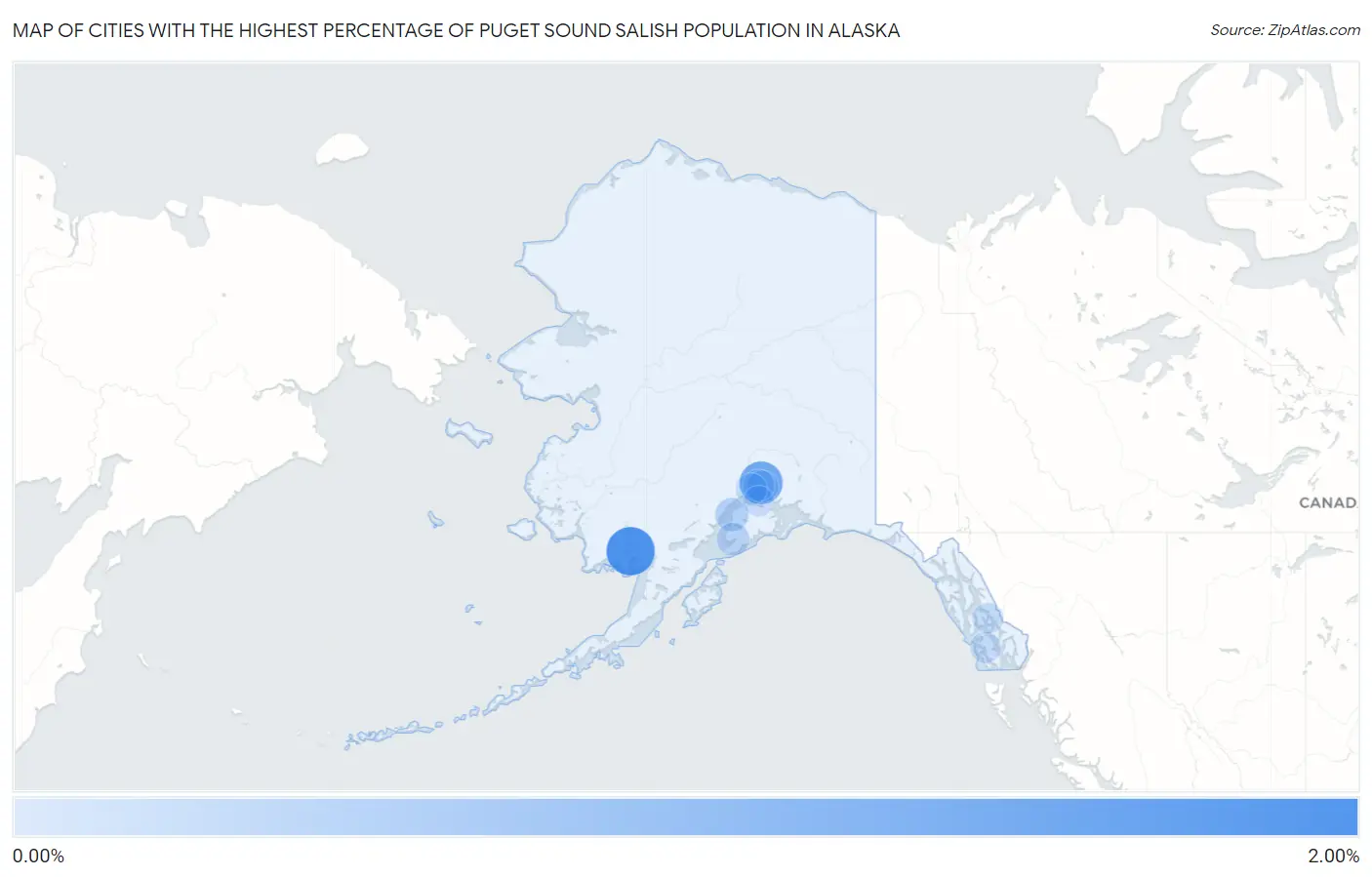 Cities with the Highest Percentage of Puget Sound Salish Population in Alaska Map