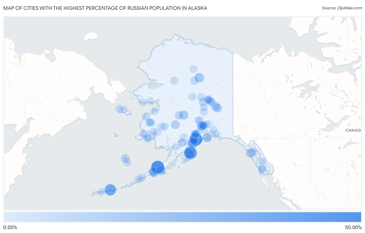 Cities with the Highest Percentage of Russian Population in Alaska Map