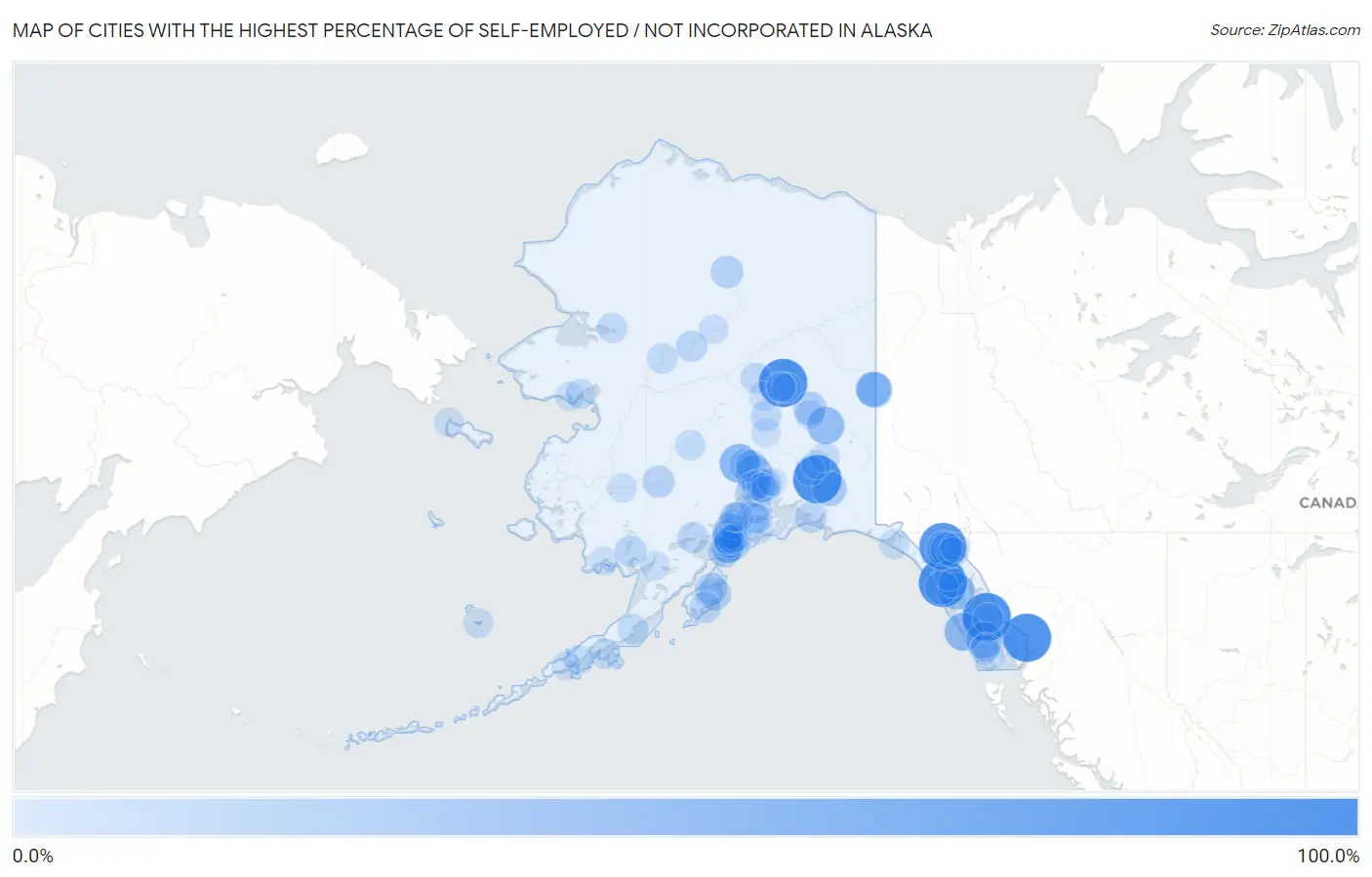 Cities with the Highest Percentage of Self-Employed / Not Incorporated in Alaska Map