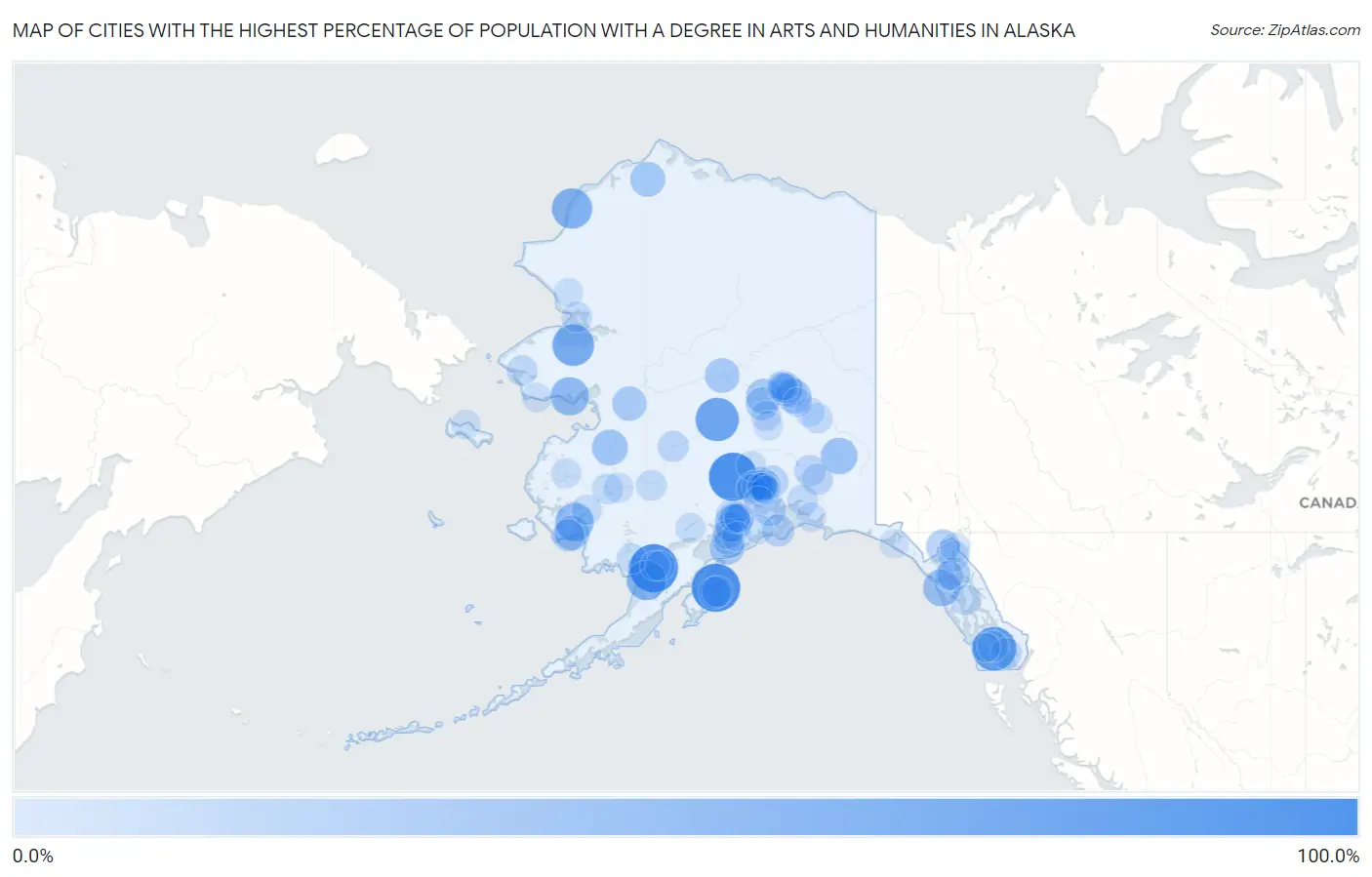 Cities with the Highest Percentage of Population with a Degree in Arts and Humanities in Alaska Map