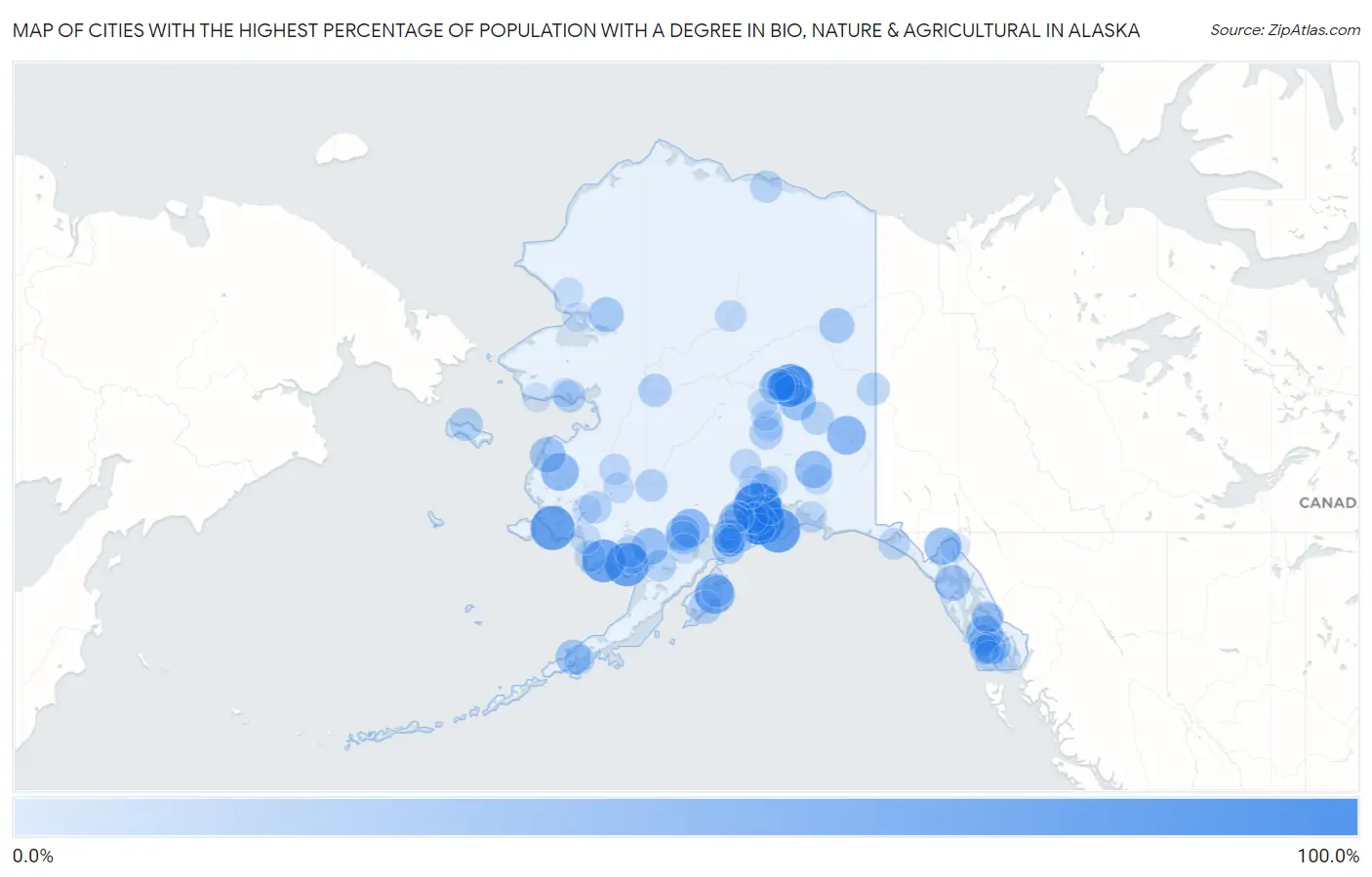 Cities with the Highest Percentage of Population with a Degree in Bio, Nature & Agricultural in Alaska Map