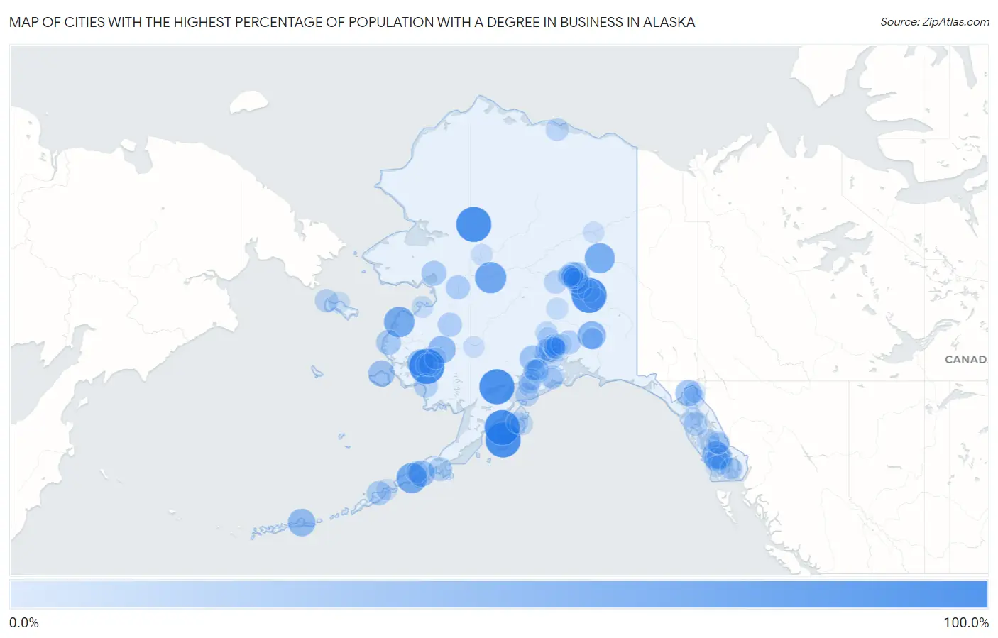 Cities with the Highest Percentage of Population with a Degree in Business in Alaska Map