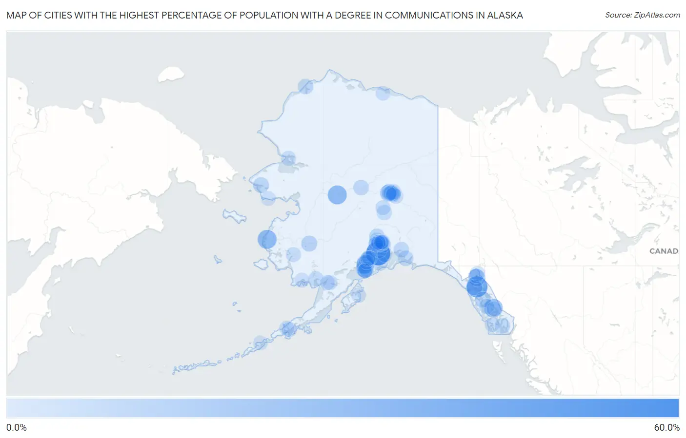 Cities with the Highest Percentage of Population with a Degree in Communications in Alaska Map